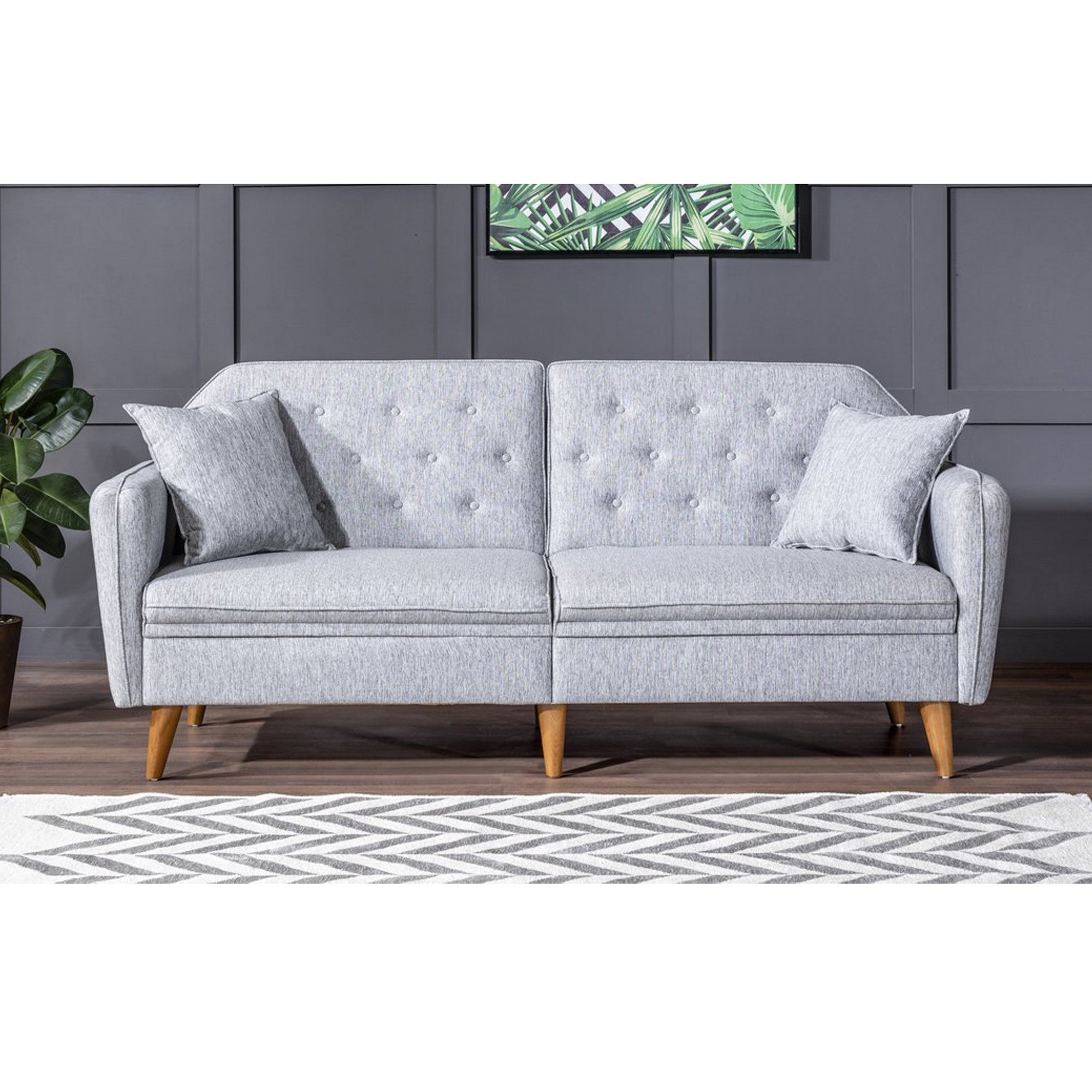 Sofá-cama moderno de 3 lugares, linho cinza, 202 x 83 x 82 cm | Estrutura de madeira e metal de carpa, espuma 28 DNS | Elegante e funcional para uso doméstico e em hotéis