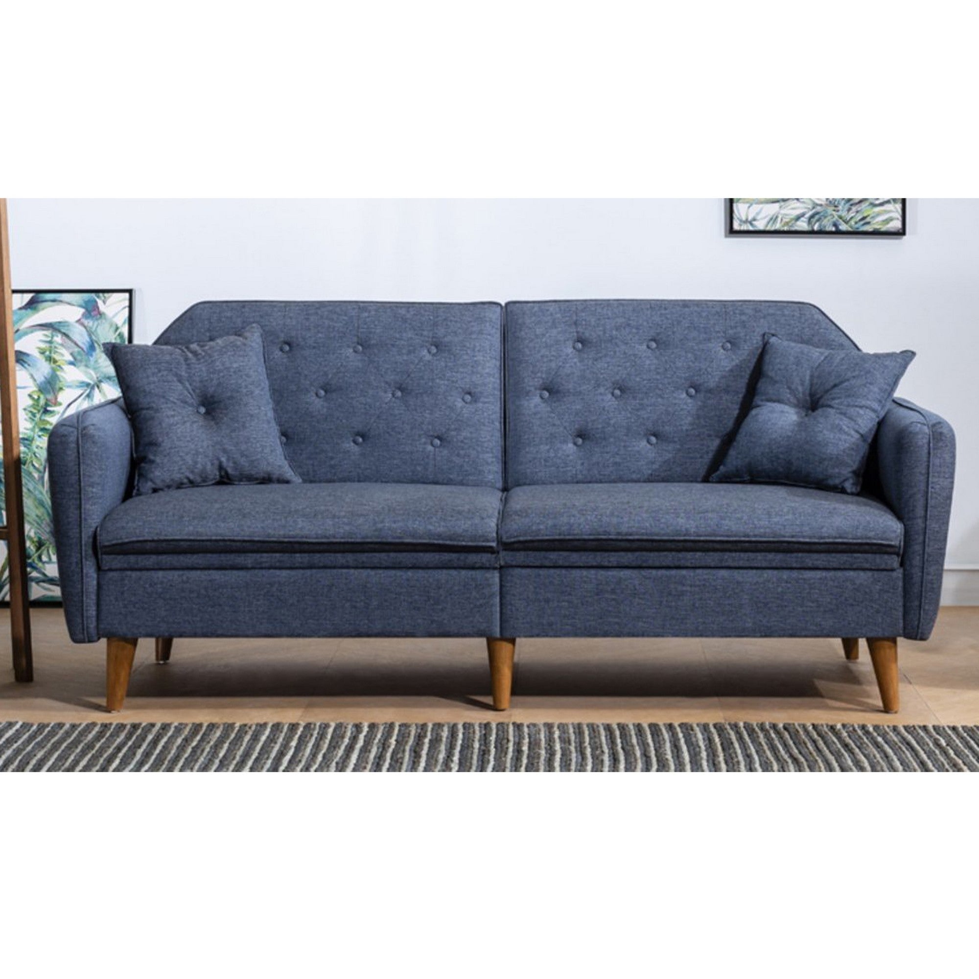 Sofá-cama moderno de 3 lugares, linho azul-escuro, 202 x 83 x 82 cm | Estrutura de madeira e metal de carpa, espuma 28 DNS | Elegante e funcional para casa e hotel