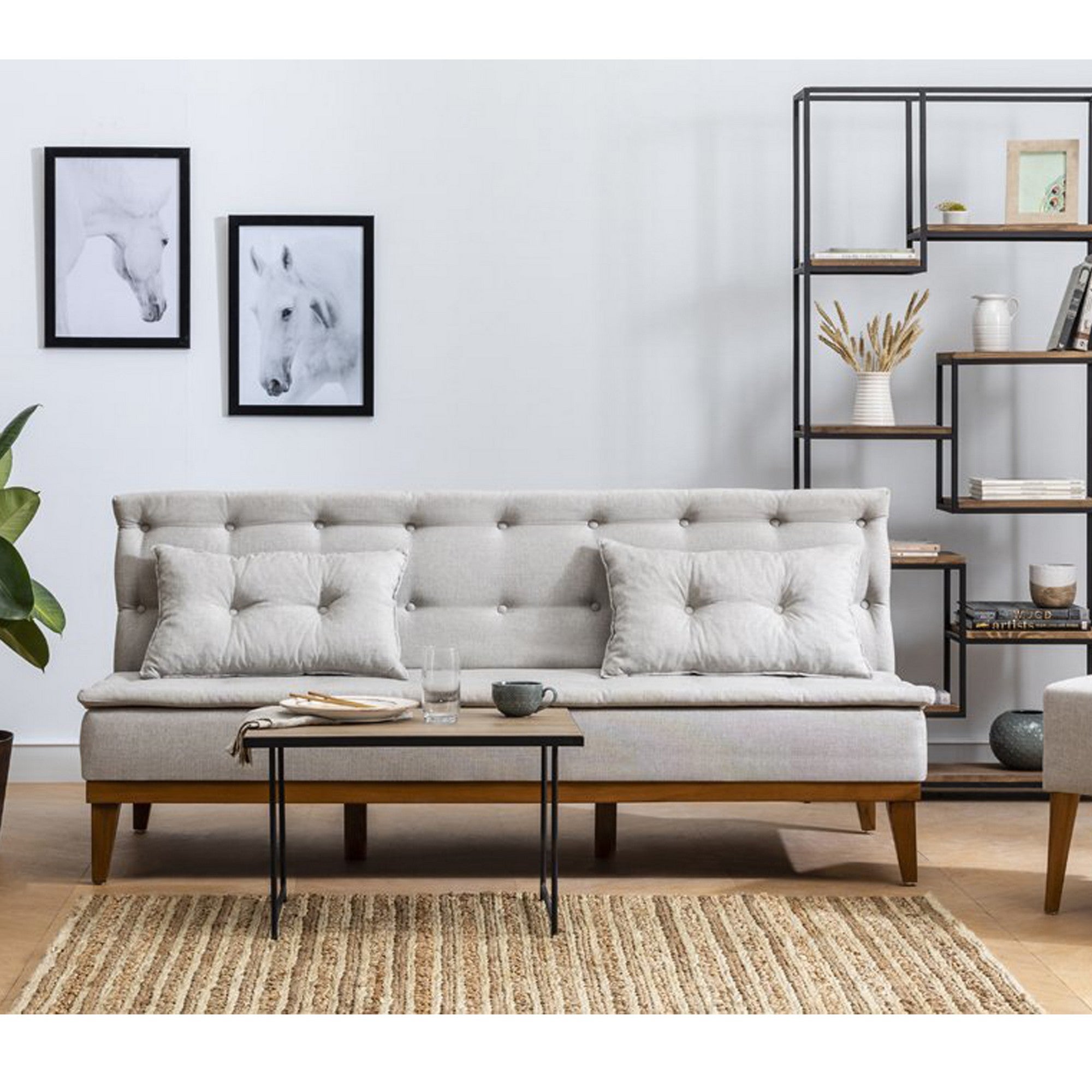 Sofá-cama elegante de 3 lugares, linho creme, 180 x 78 x 80 cm | Estrutura de madeira de carpa, pernas de madeira, espuma 28 DNS | Perfeito para casas escandinavas rústicas