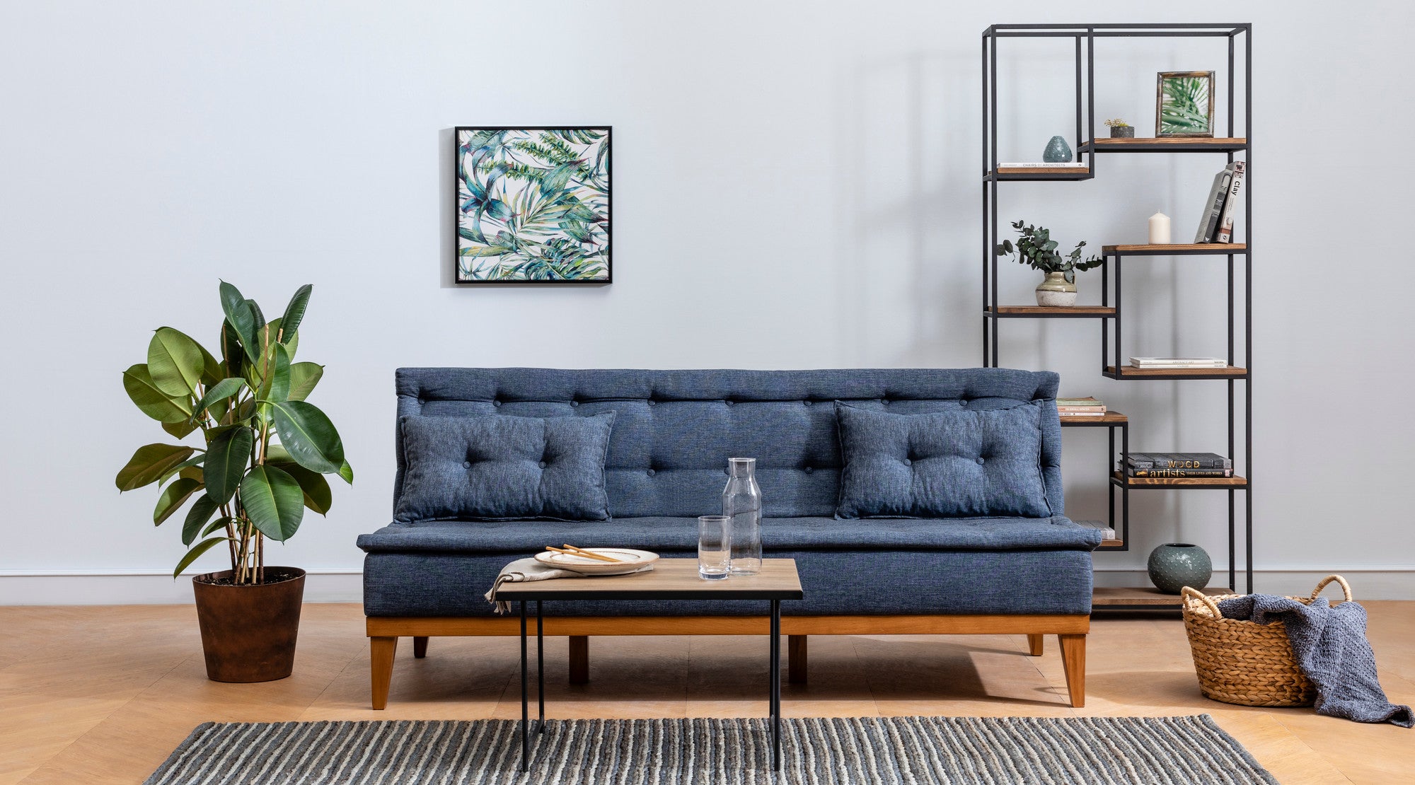 Sofá-cama elegante de 3 lugares, linho azul-escuro, 180 x 80 x 78 cm | Estrutura de madeira de carpa, pernas de madeira, espuma 28 DNS | Perfeito para casas escandinavas rústicas