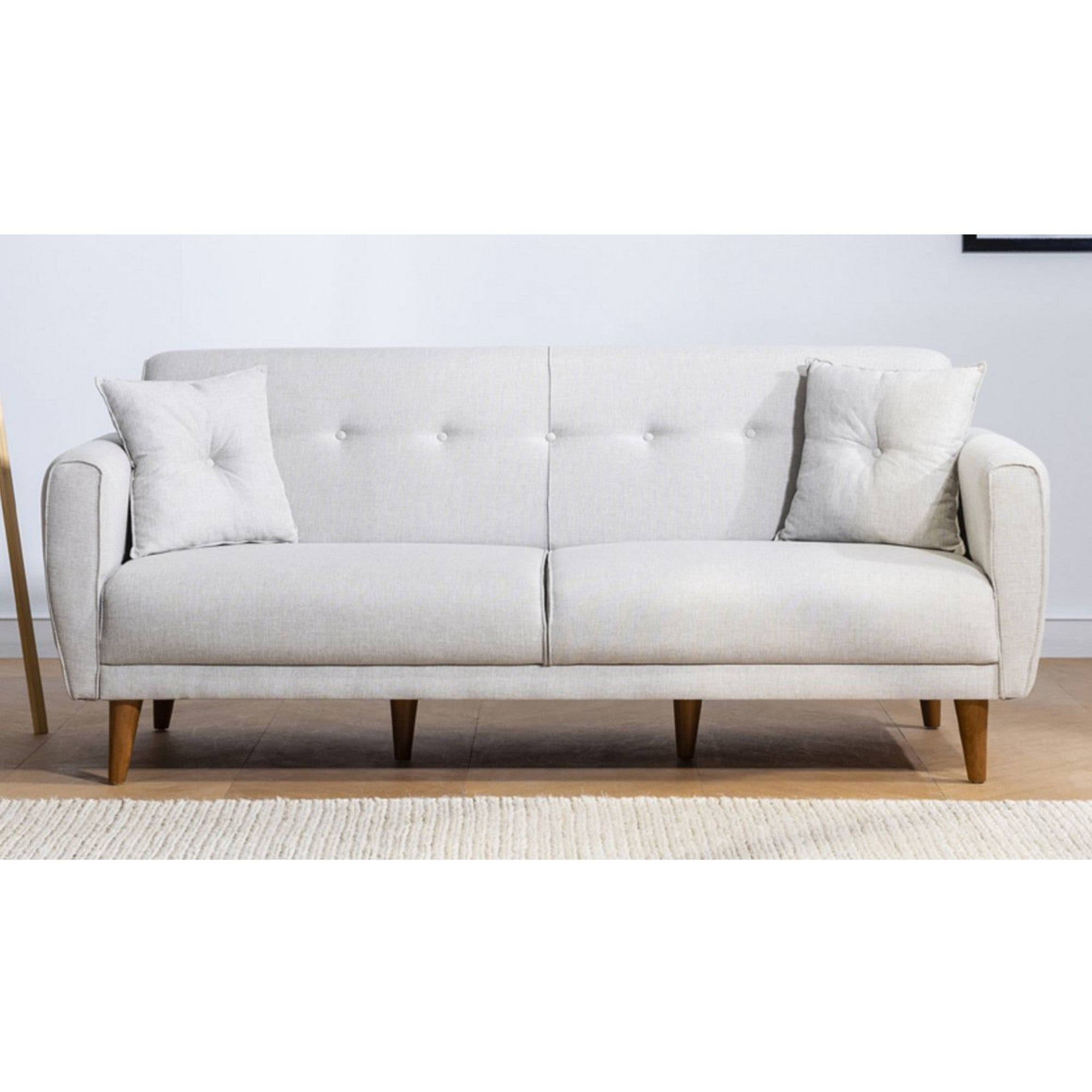 Sofá-cama moderno de 3 lugares, linho creme, 205 x 85 x 80 cm | Estrutura de madeira de carpa, espuma 28 DNS, design escandinavo | Perfeito para espaços de estar elegantes