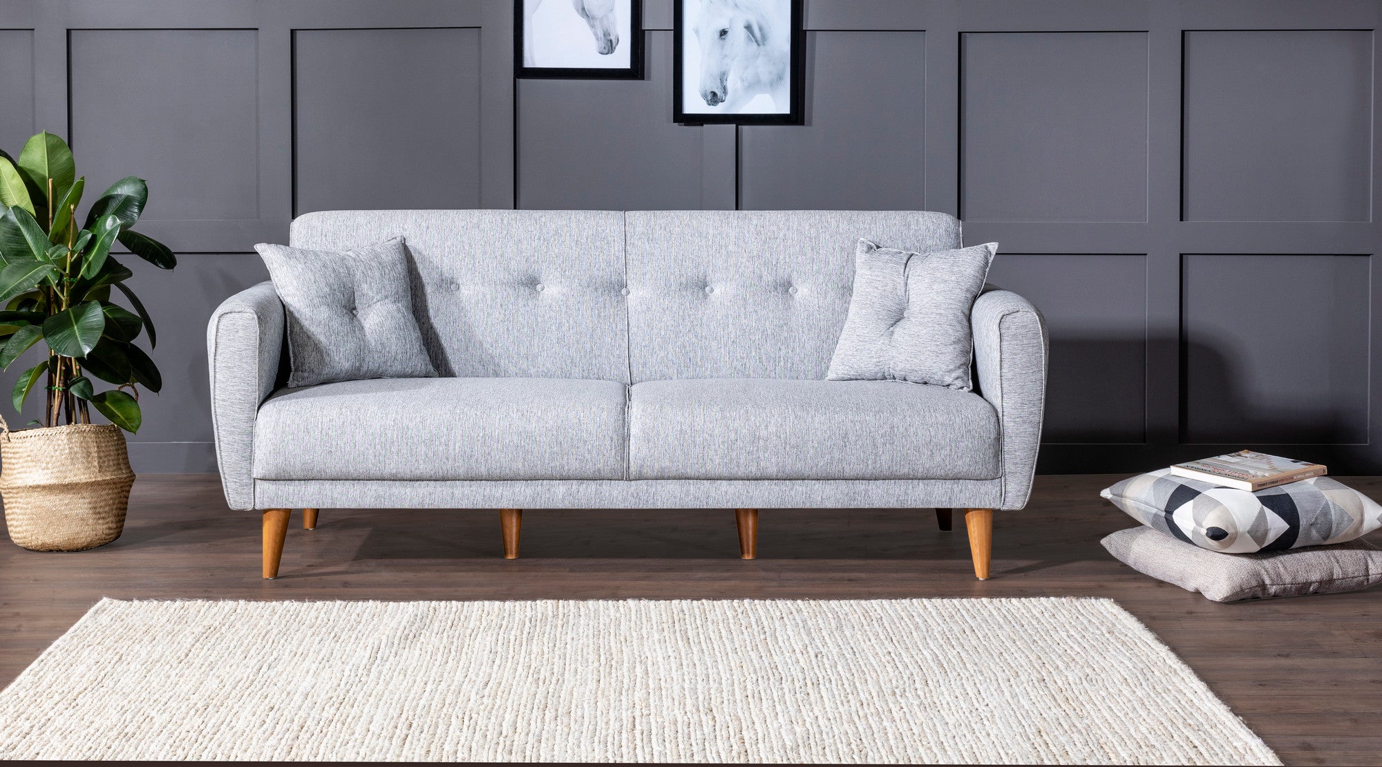 Sofá-cama moderno de 3 lugares, linho cinza, 205 x 85 x 80 cm | Estrutura de madeira de carpa, espuma 28 DNS, design escandinavo elegante | Perfeito para sala de estar e quarto de hóspedes