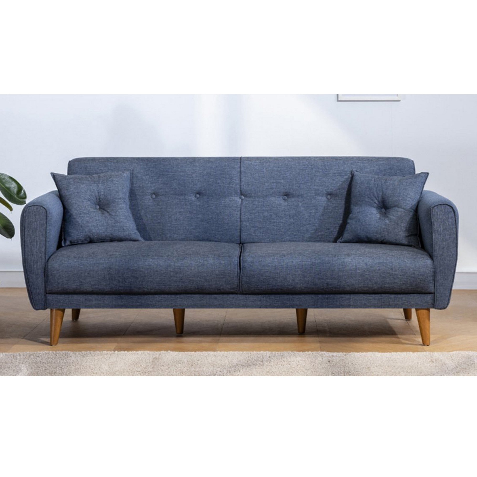 Sofá-cama moderno de 3 lugares, linho azul-escuro, 205 x 85 x 80 cm | Estrutura de madeira de carpa, espuma 28 DNS, design escandinavo | Perfeito para espaços de estar elegantes