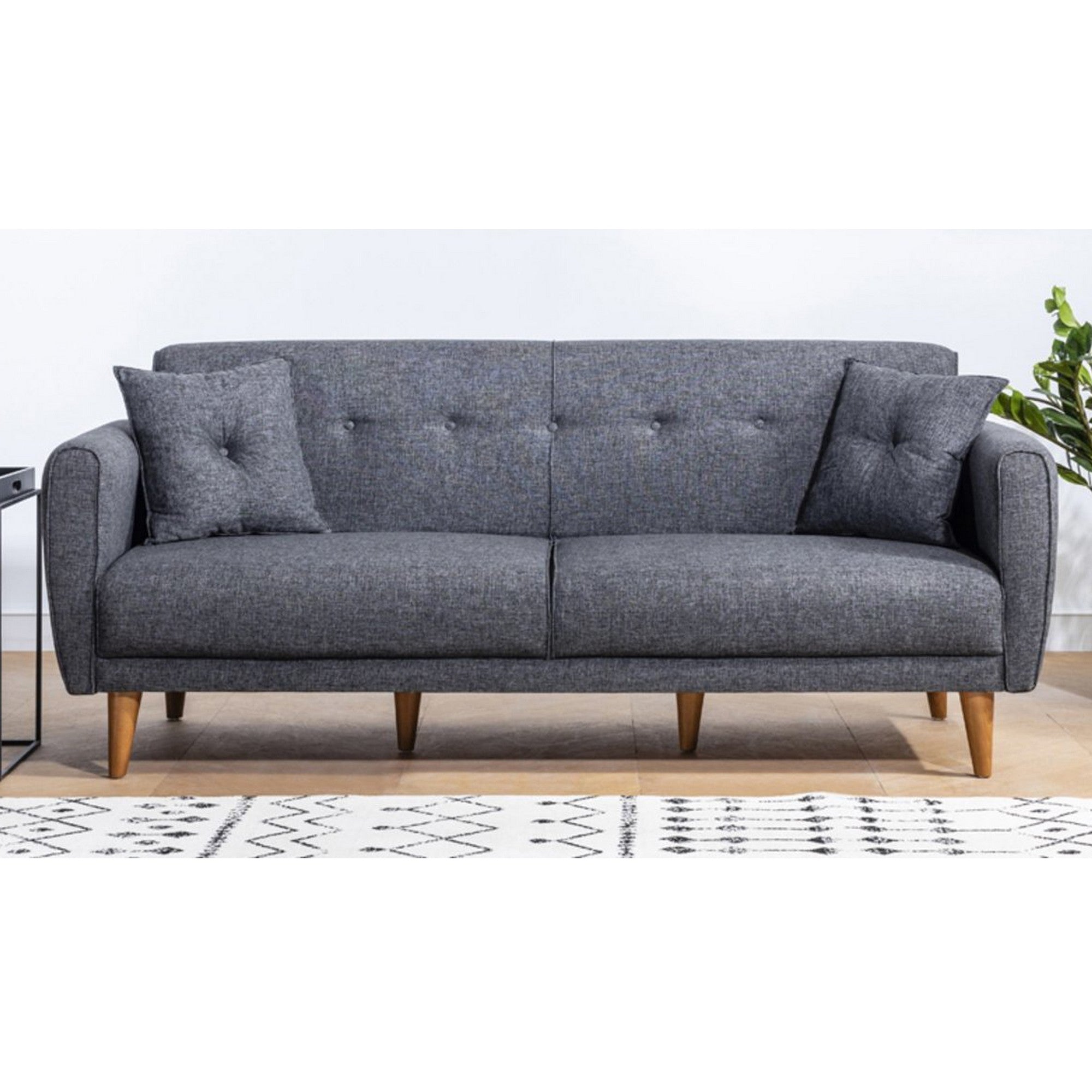 Sofá-cama moderno de 3 lugares, cinza escuro, 205 x 85 x 80 cm | Estrutura de madeira de carpa, 100% linho, espuma 28 DNS | Elegante e funcional para qualquer espaço