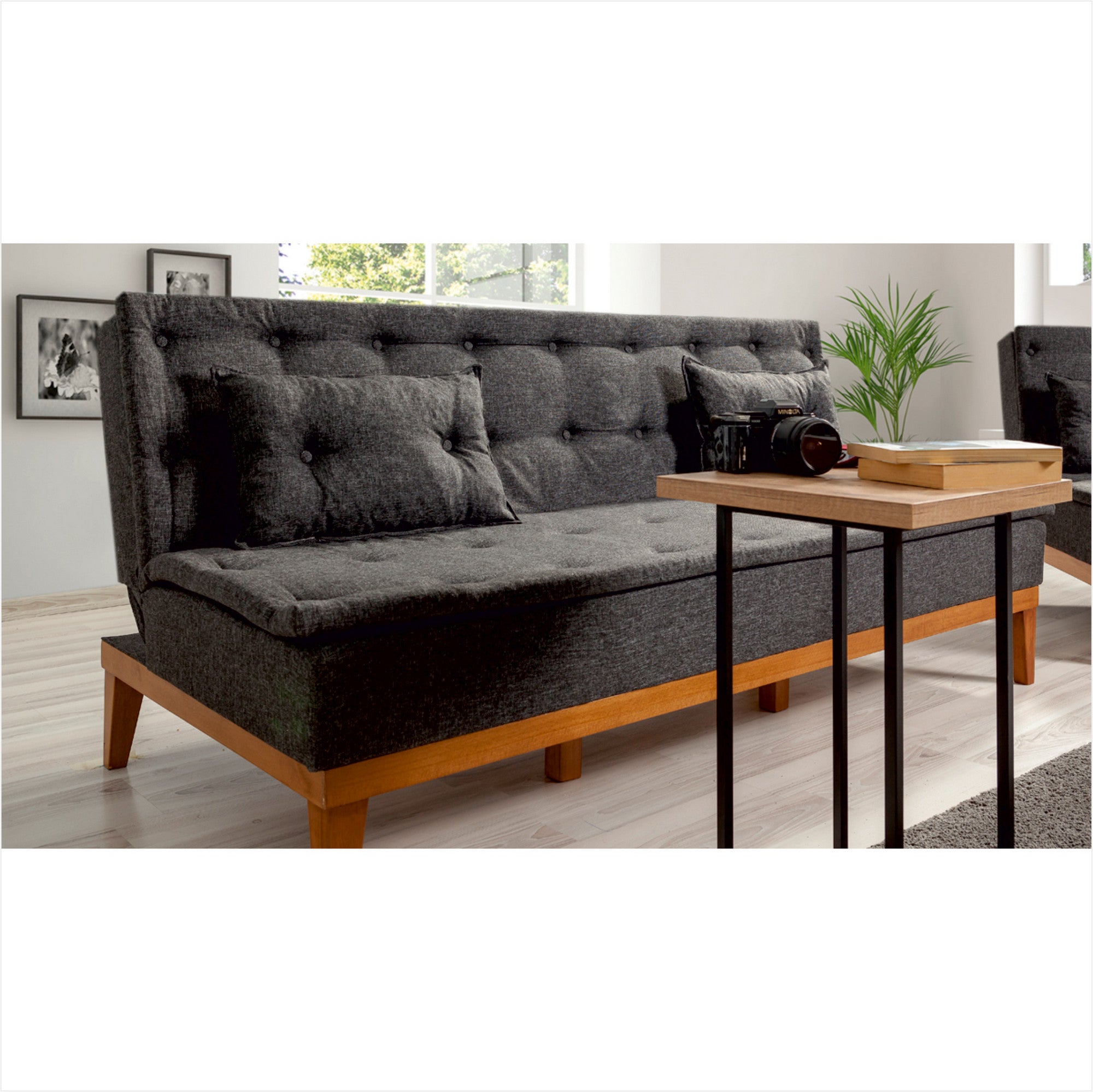 Sofá-cama elegante de 3 lugares, linho antracite, 184 x 80 x 80 cm | Estrutura de madeira de carpa, pernas de madeira, espuma 28 DNS | Perfeito para decoração rústica e escandinava