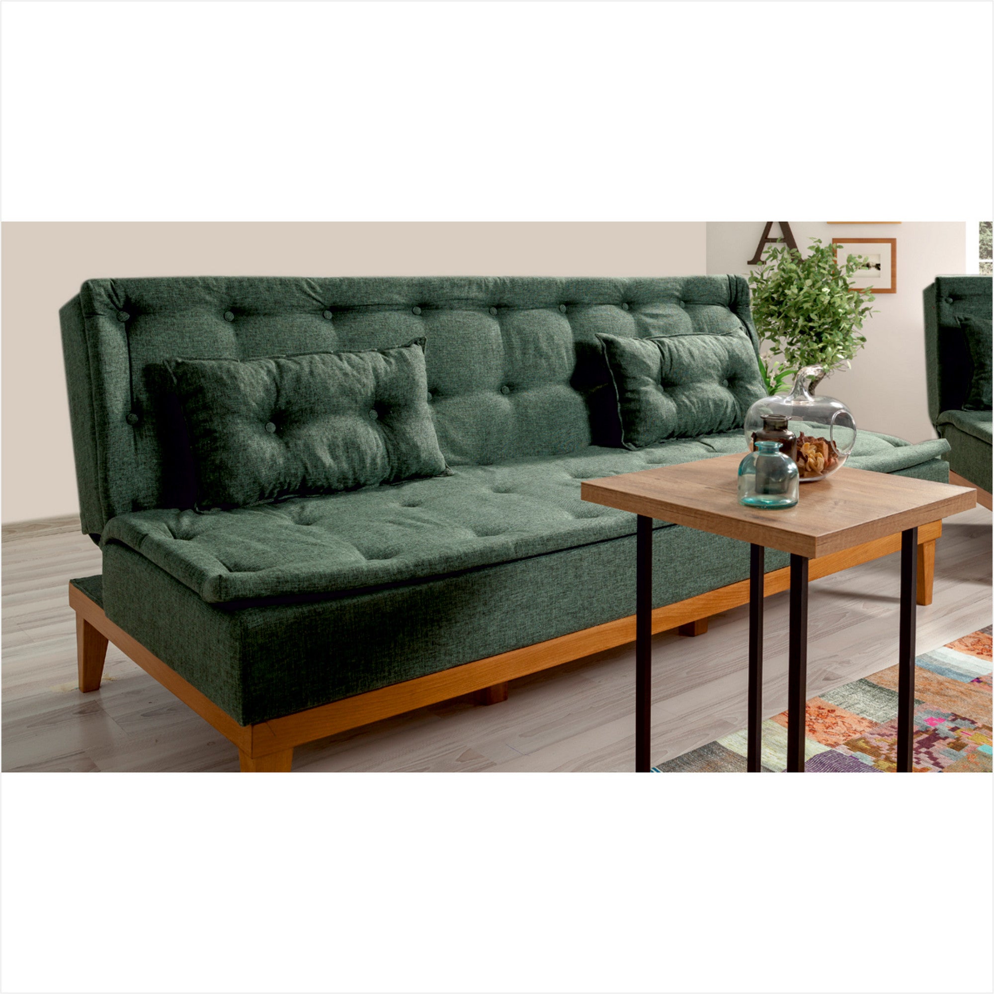Sofá-cama elegante de 3 lugares, linho verde, 184 x 80 x 80 cm | Estrutura de madeira de carpa, espuma 28 DNS, design rústico | Perfeito para espaços aconchegantes