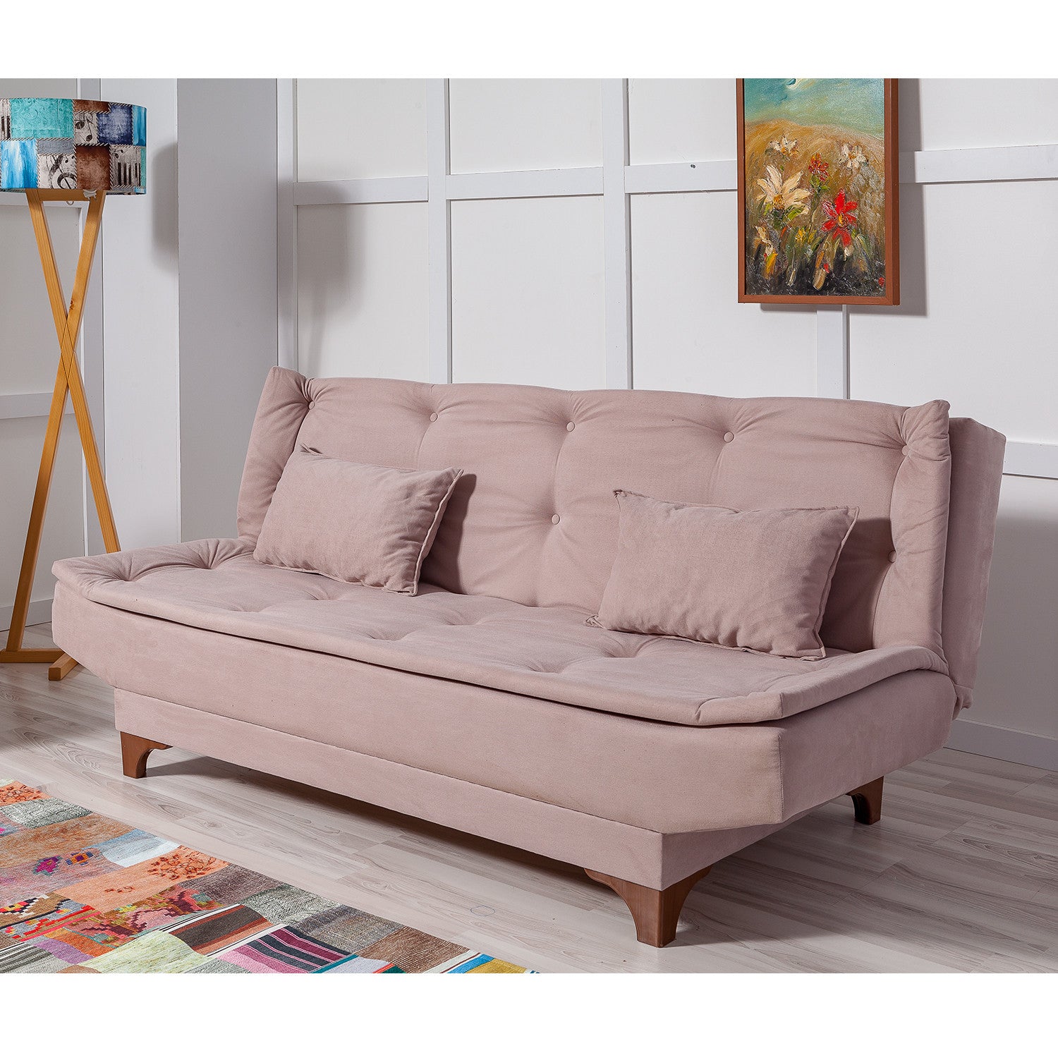 Sofá-cama elegante de 3 lugares, cor de rocha, 190 x 90 x 85 cm | Estrutura em madeira de pinho, tecido 100% Soho, espuma 28 DNS | Perfeito para espaços de convivência modernos
