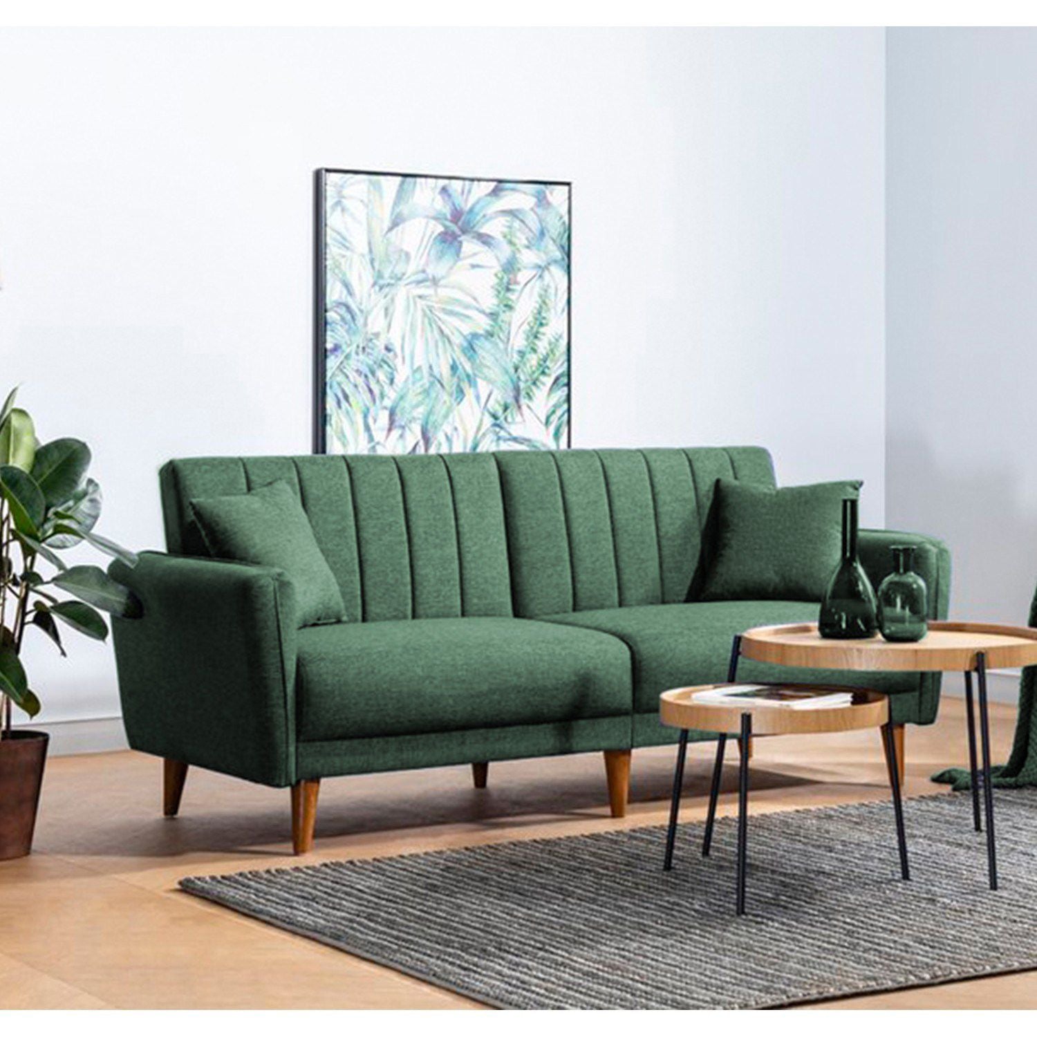 Sofá-cama elegante de 3 lugares, linho verde, 205 x 85 x 85 cm | Estrutura de madeira e metal de carpa, espuma 28 DNS | Perfeito para salas de estar modernas e quartos de hóspedes