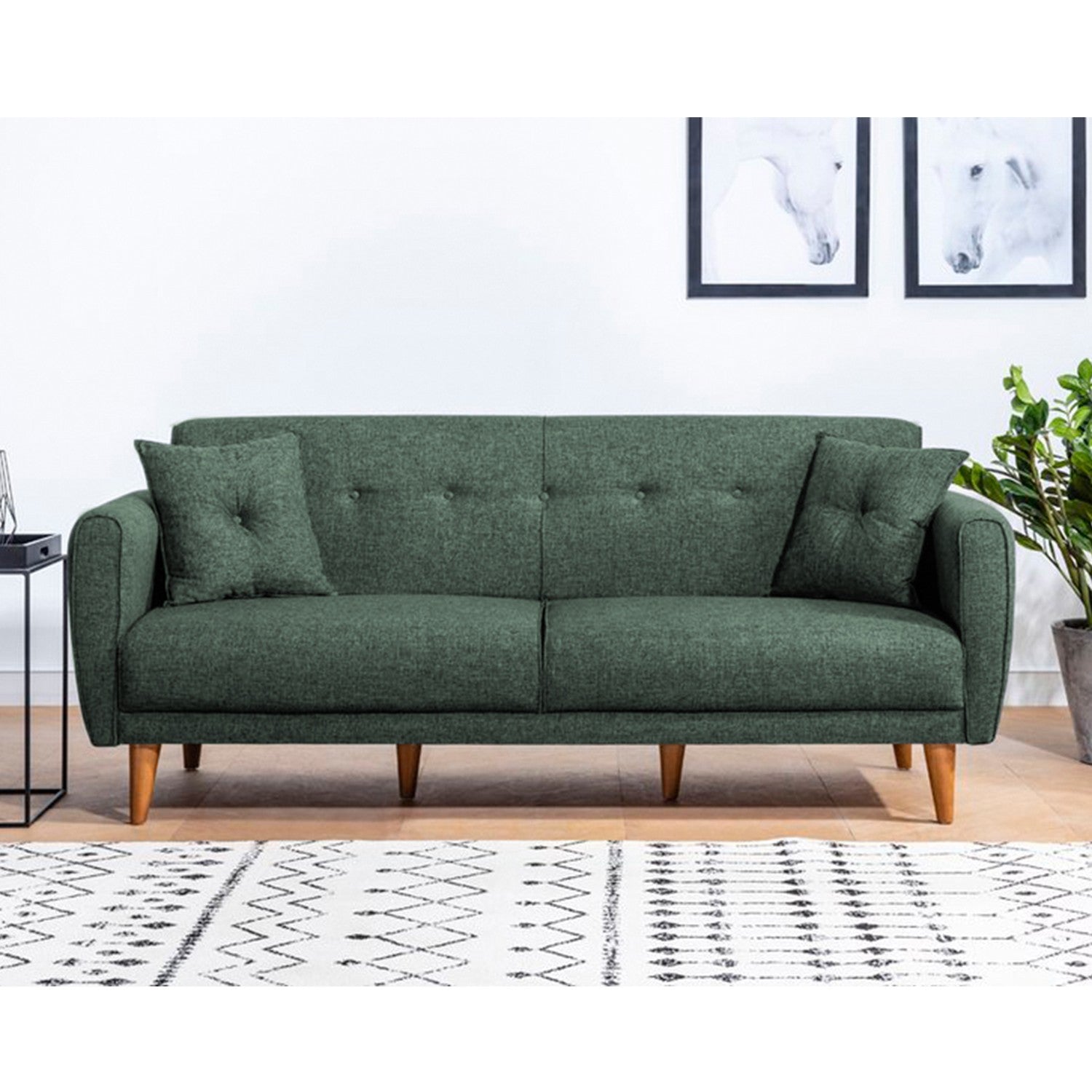 Sofá-cama elegante de 3 lugares, linho verde, 205 x 85 x 80 cm | Estrutura de madeira de carpa, espuma 28 DNS, pernas de madeira | Perfeito para espaços modernos