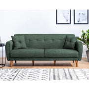 Sofá-cama elegante de 3 lugares, linho verde, 205 x 85 x 80 cm | Estrutura de madeira de carpa, espuma 28 DNS, pernas de madeira | Perfeito para espaços modernos