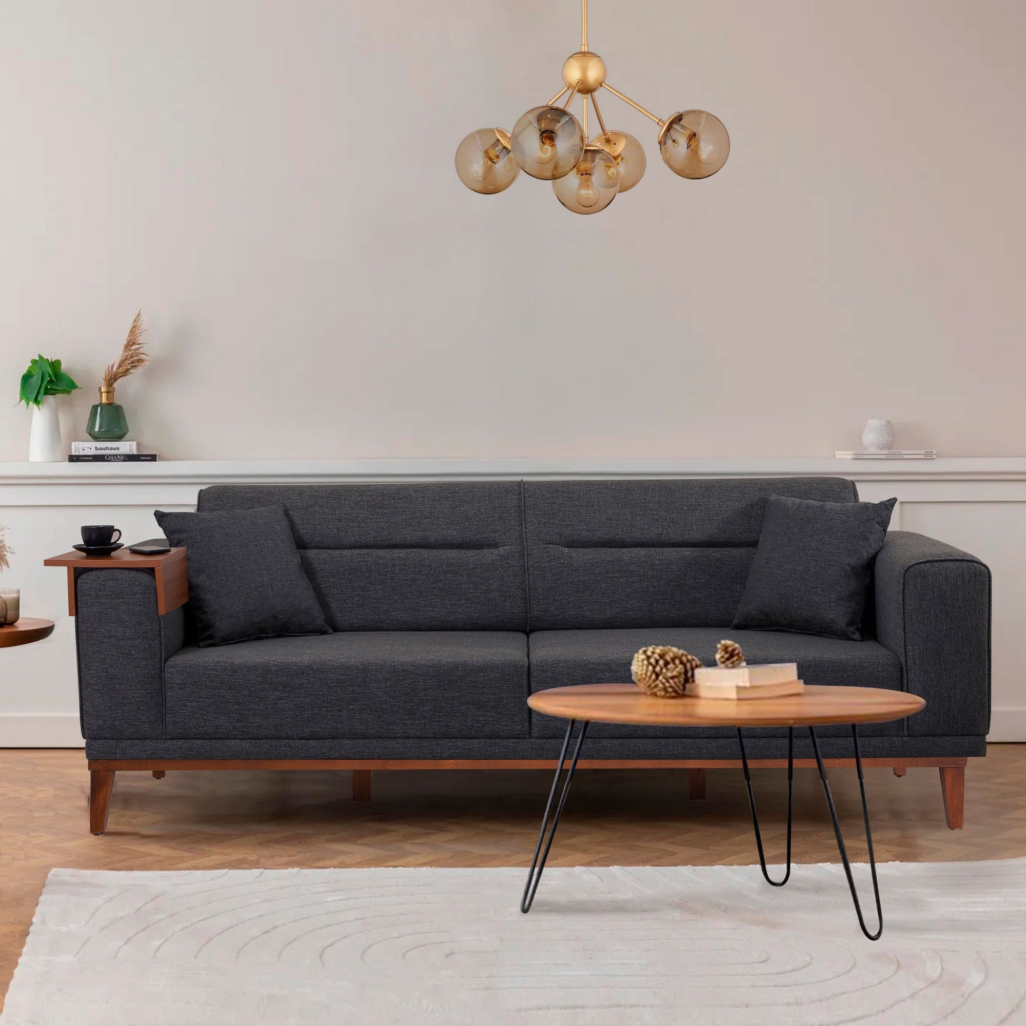 Sofá-cama moderno de 3 lugares, antracite, 223 cm | Estrutura 100% madeira de carpa, espuma 28 DNS, pernas de madeira | Elegante e funcional para uso doméstico e em hotéis