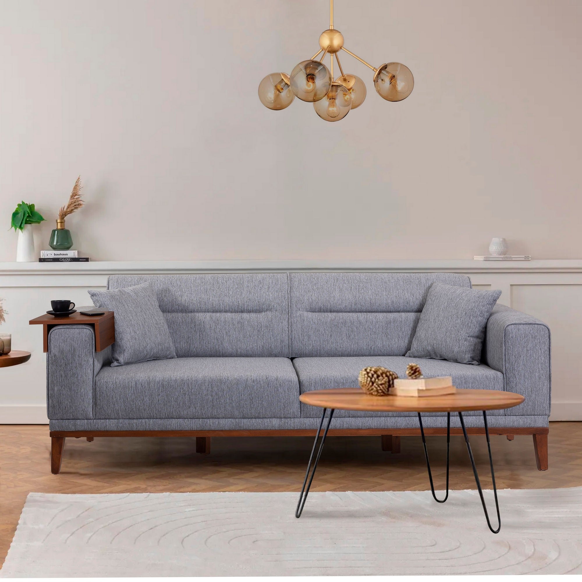 Sofá-cama moderno de 3 lugares, cinza, 223 cm | Estrutura 100% madeira de carpa, espuma 28 DNS, pernas de madeira | Perfeito para decoração rústica e escandinava, versátil e elegante