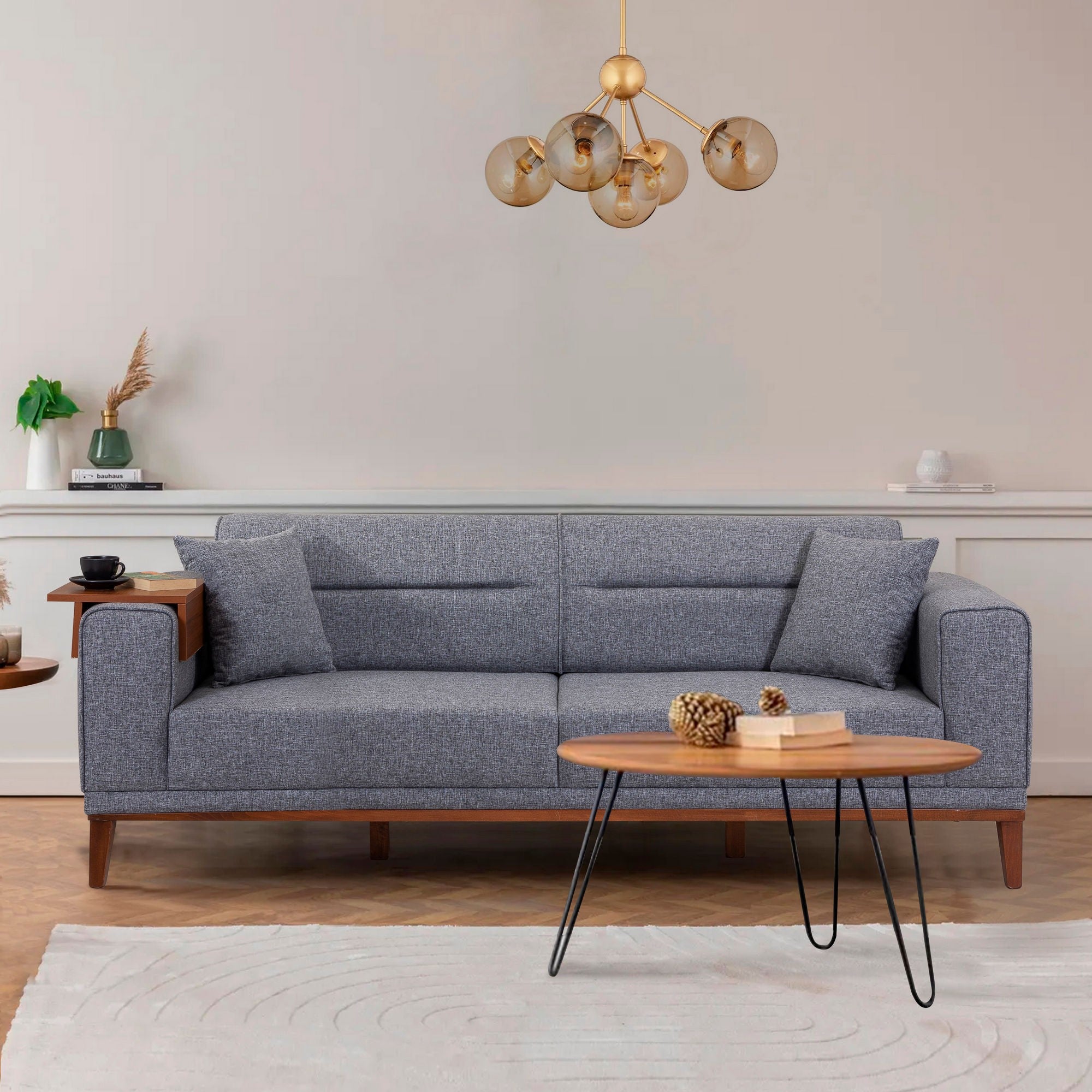 Sofá-cama moderno de 3 lugares, cinza escuro, 223 cm | Estrutura 100% madeira de carpa, espuma 28 DNS, pernas de madeira | Perfeito para decoração rústica e escandinava