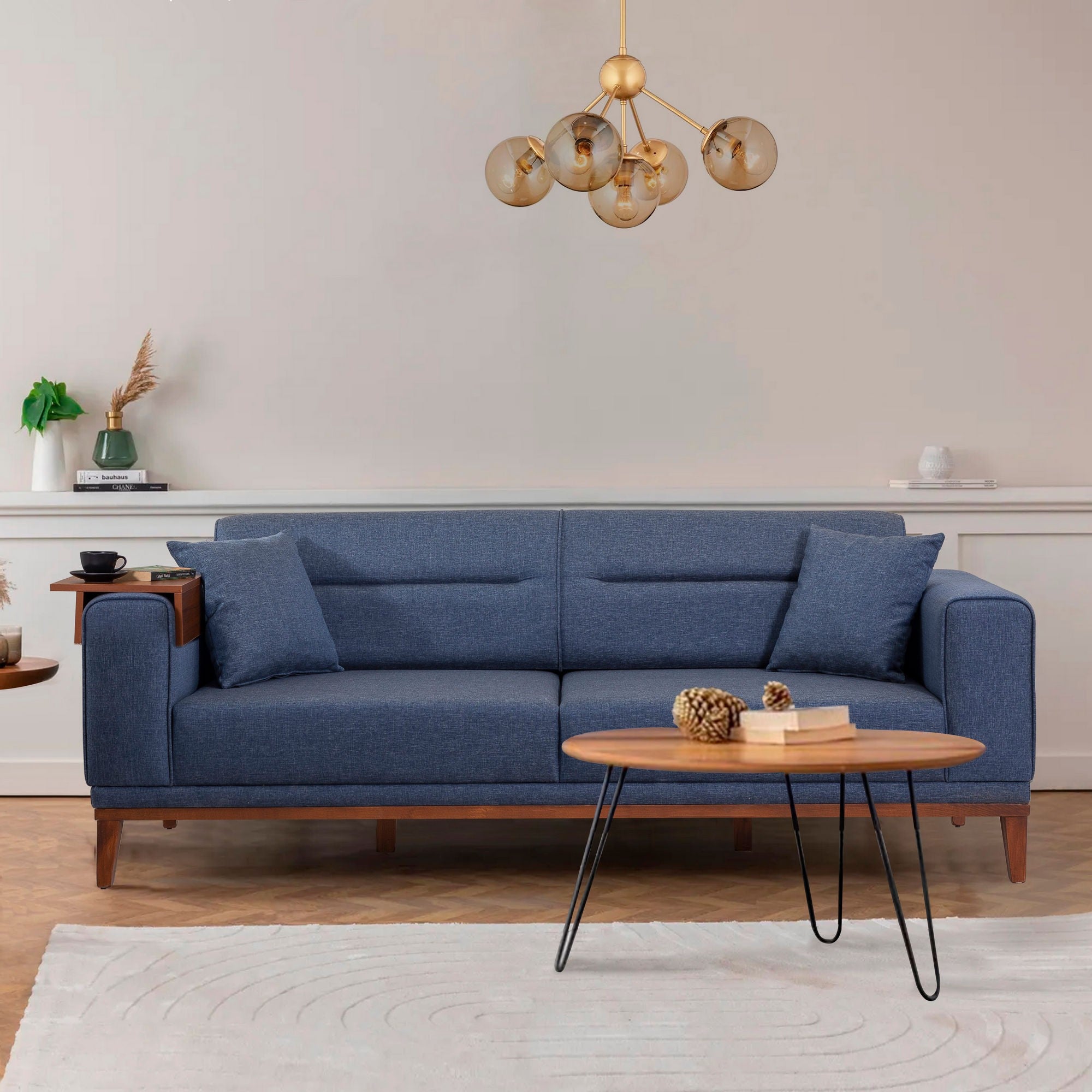 Sofá-cama moderno de 3 lugares, azul-escuro, 223 cm | Estrutura 100% madeira de carpa, espuma 28 DNS, pernas de madeira | Elegante e funcional para uso doméstico e em hotéis
