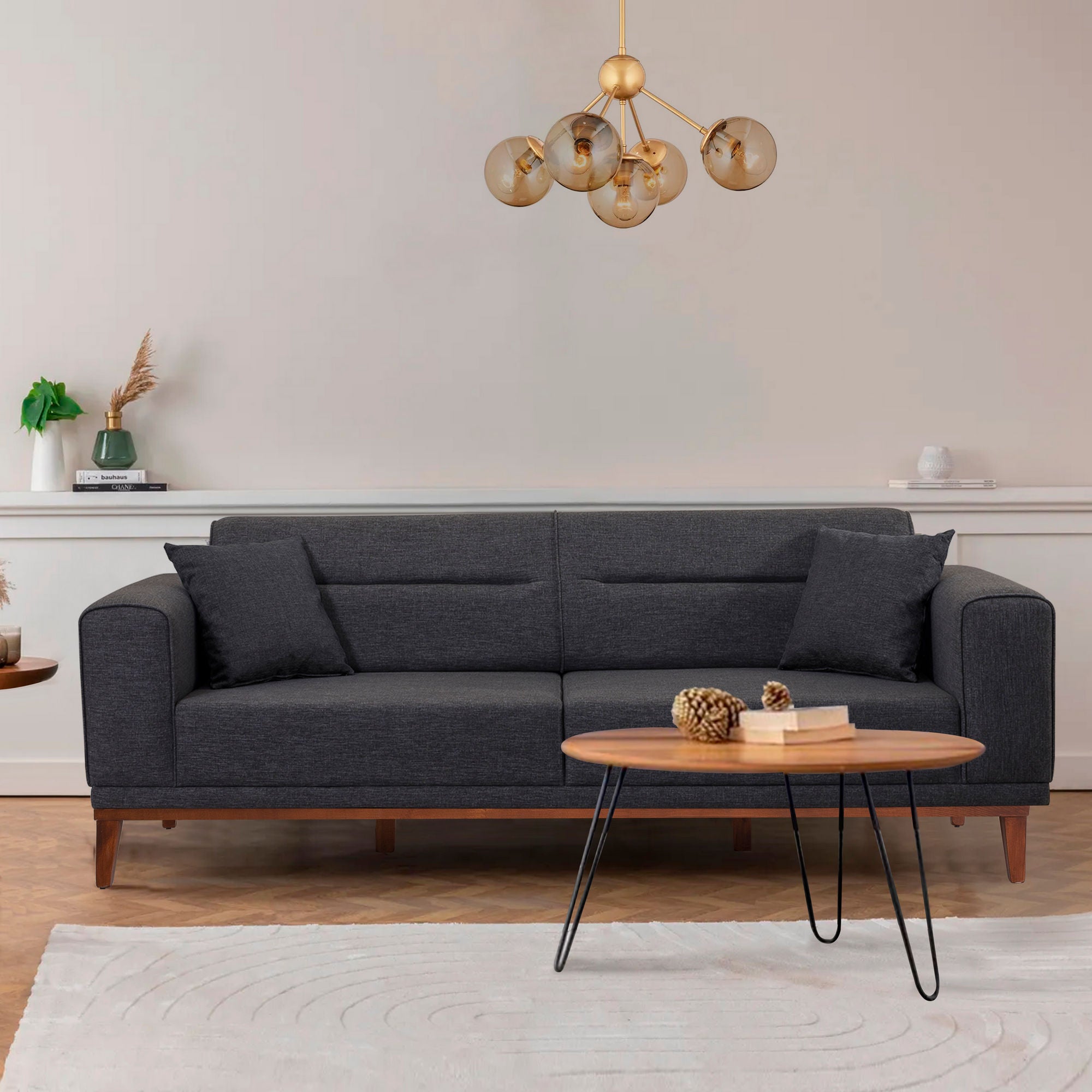 Sofá-cama moderno de 3 lugares, antracite, 223 cm | Estrutura 100% madeira de carpa, espuma 28 DNS, pernas de madeira | Elegante e funcional para uso doméstico e em hotéis