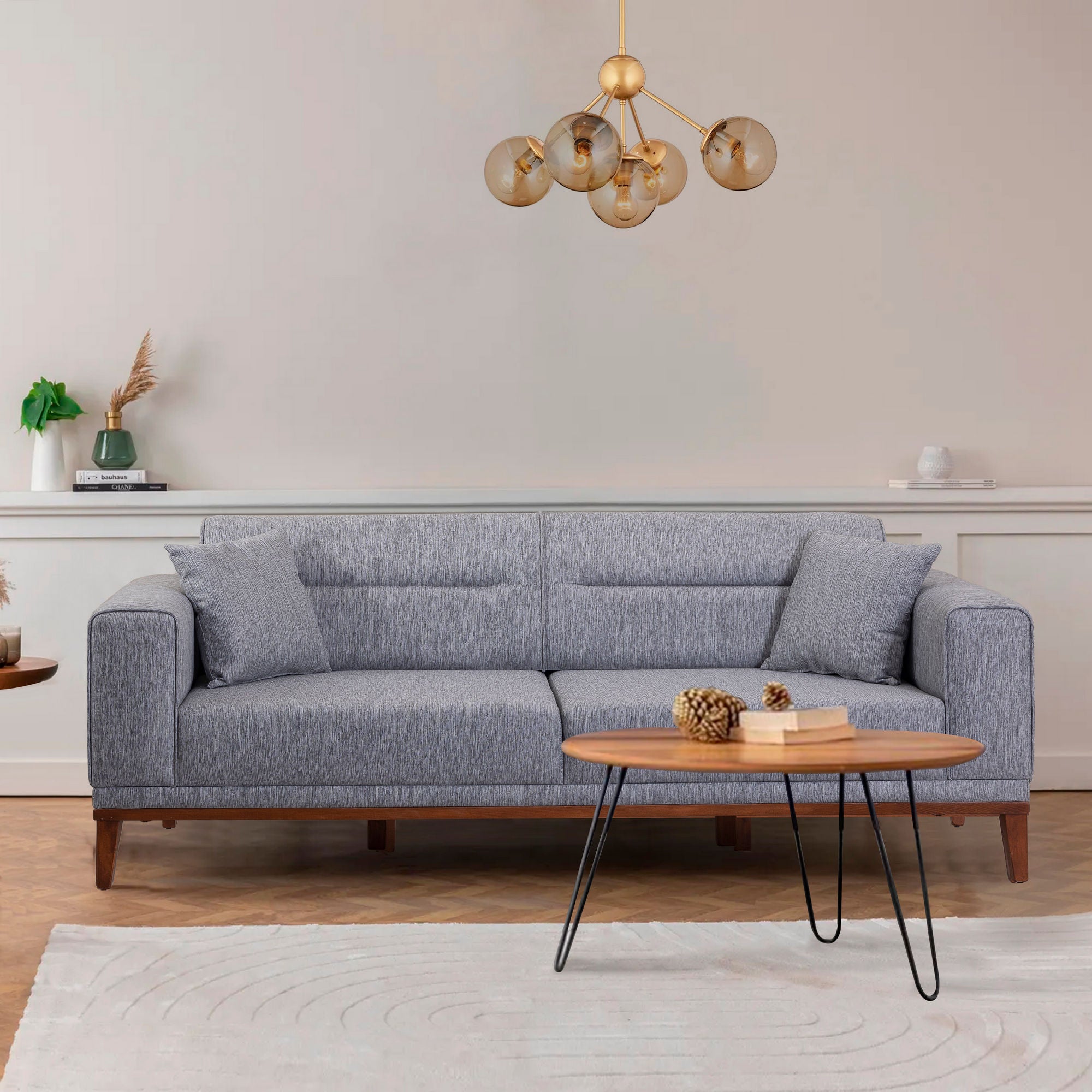 Sofá-cama moderno de 3 lugares, cinza, 223 cm | Estrutura 100% madeira de carpa, espuma 28 DNS, pernas de madeira de 17 cm | Perfeito para casas rústicas e escandinavas