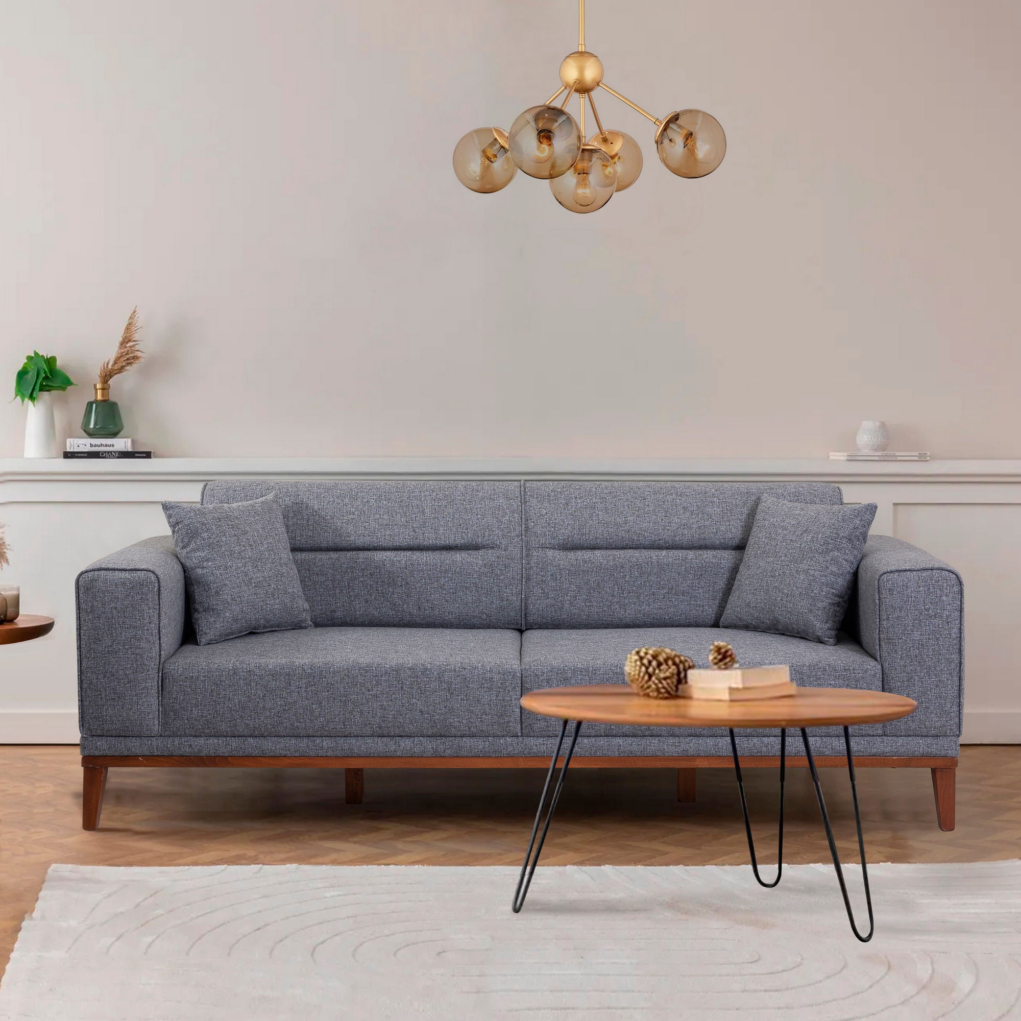 Sofá-cama moderno de 3 lugares, cinza escuro, 223 cm | Estrutura 100% madeira de carpa, espuma 28 DNS, pernas de madeira elegantes | Perfeito para decoração rústica e escandinava