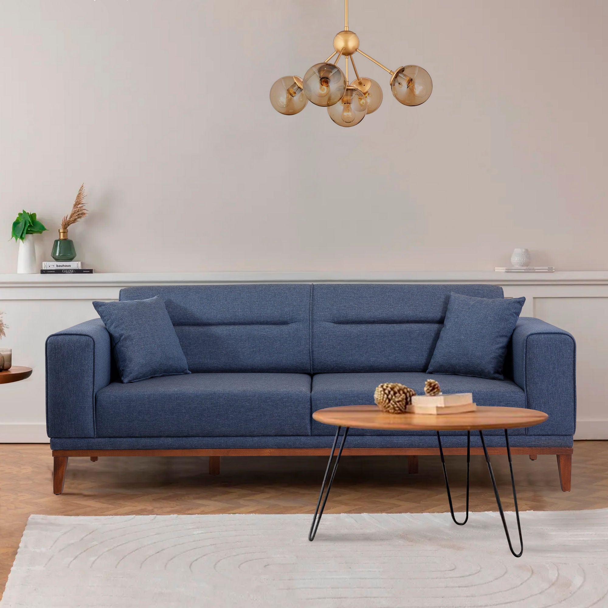 Sofá-cama moderno de 3 lugares, azul-escuro, 223 cm | Estrutura 100% madeira de carpa, espuma 28 DNS, pernas de madeira | Elegante e funcional para uso doméstico e em hotéis