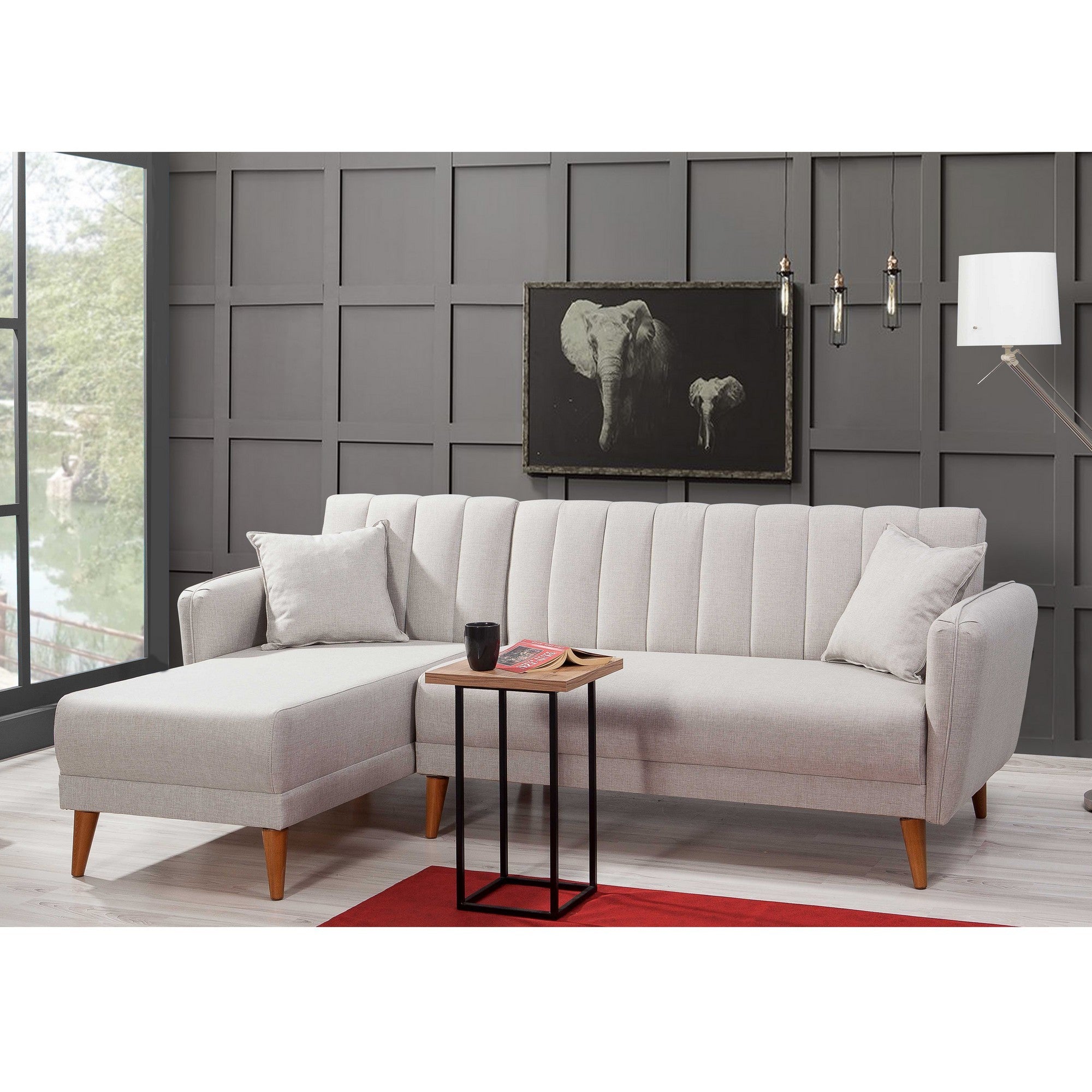 Sofá-cama de canto moderno, linho creme, 225 x 150 x 85 cm | Estrutura em madeira de carpa e metal, espuma 28 DNS | Design escandinavo elegante para conforto e elegância