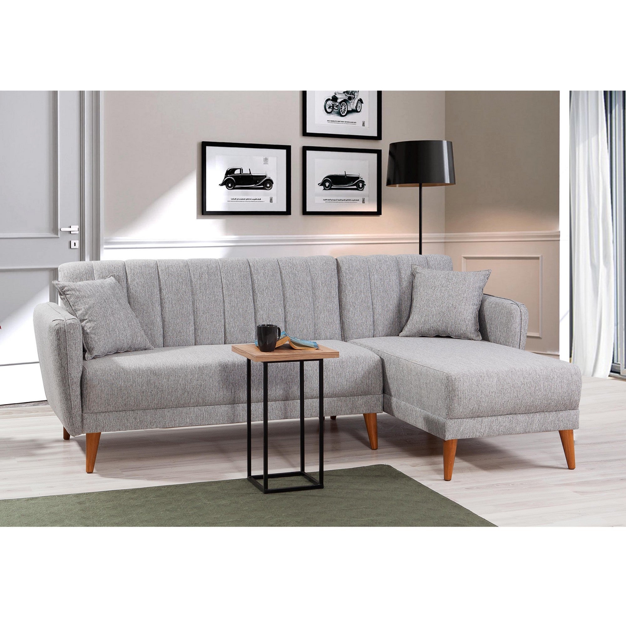 Sofá-cama de canto moderno, linho cinza, 225 x 150 x 85 cm | Estrutura de madeira e metal de carpa, espuma 28 DNS | Elegante e funcional para qualquer espaço