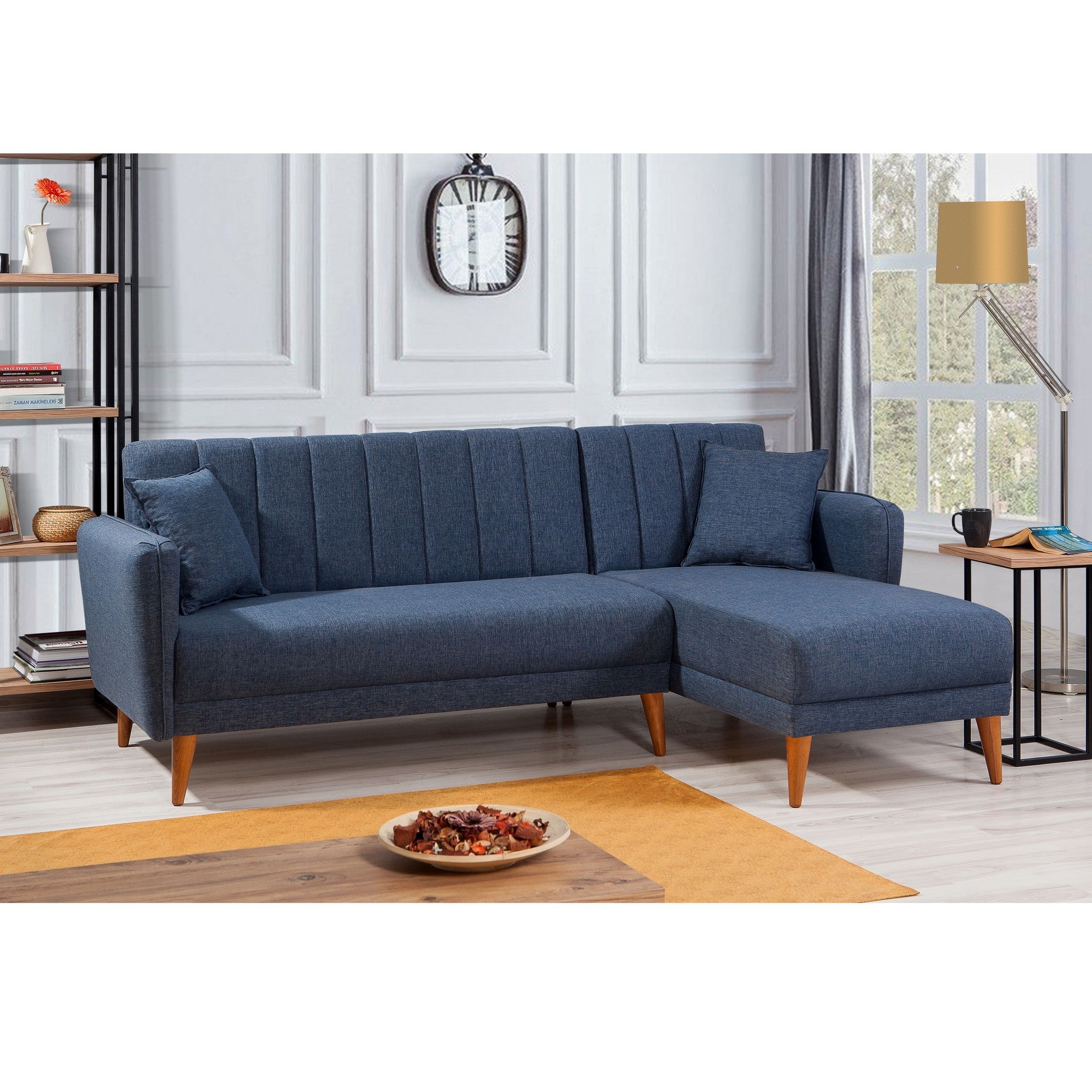 Sofá-cama de canto moderno, azul-escuro, 225 x 150 x 85 cm | Estrutura de madeira e metal HORNBEAM, 100% linho, espuma 28 DNS | Design escandinavo elegante para conforto