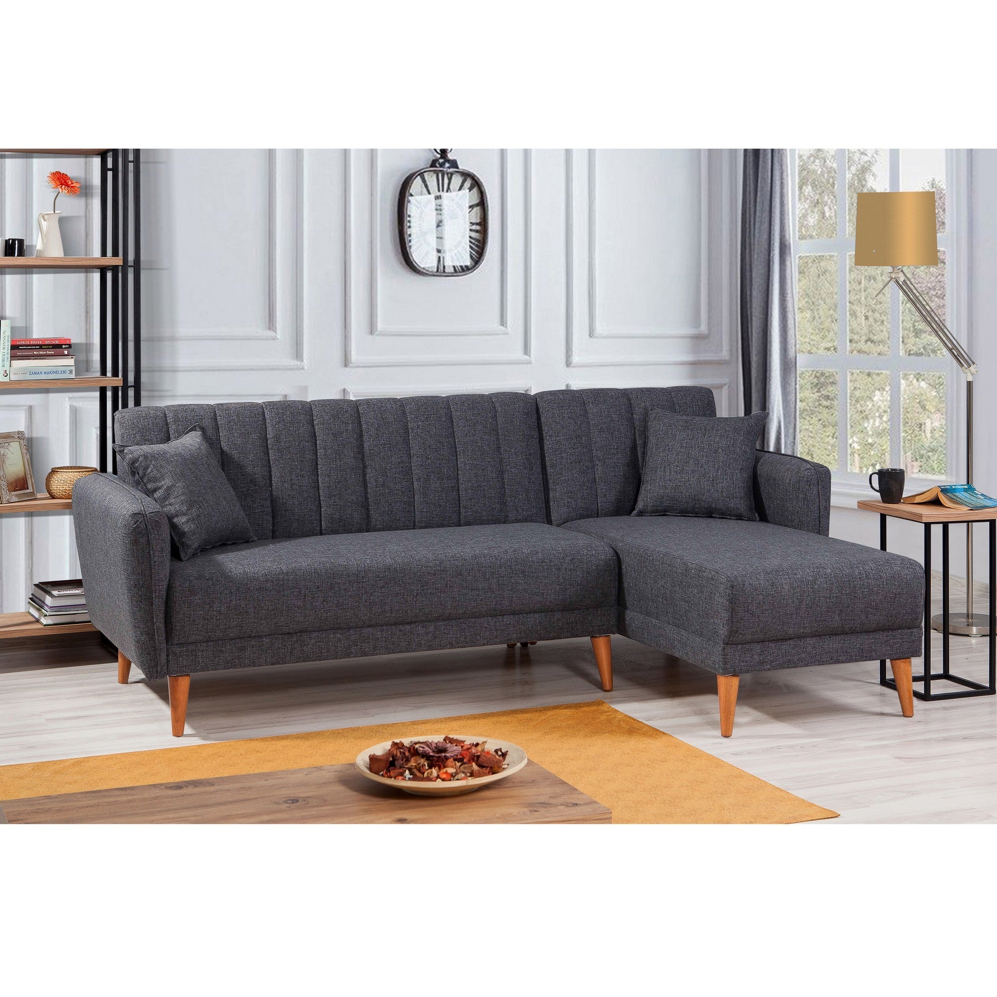 Sofá-cama de canto moderno, cinza escuro, 225 x 150 x 85 cm | Estrutura de madeira e metal HORNBEAM, 100% linho, espuma 28 DNS | Design escandinavo elegante para conforto