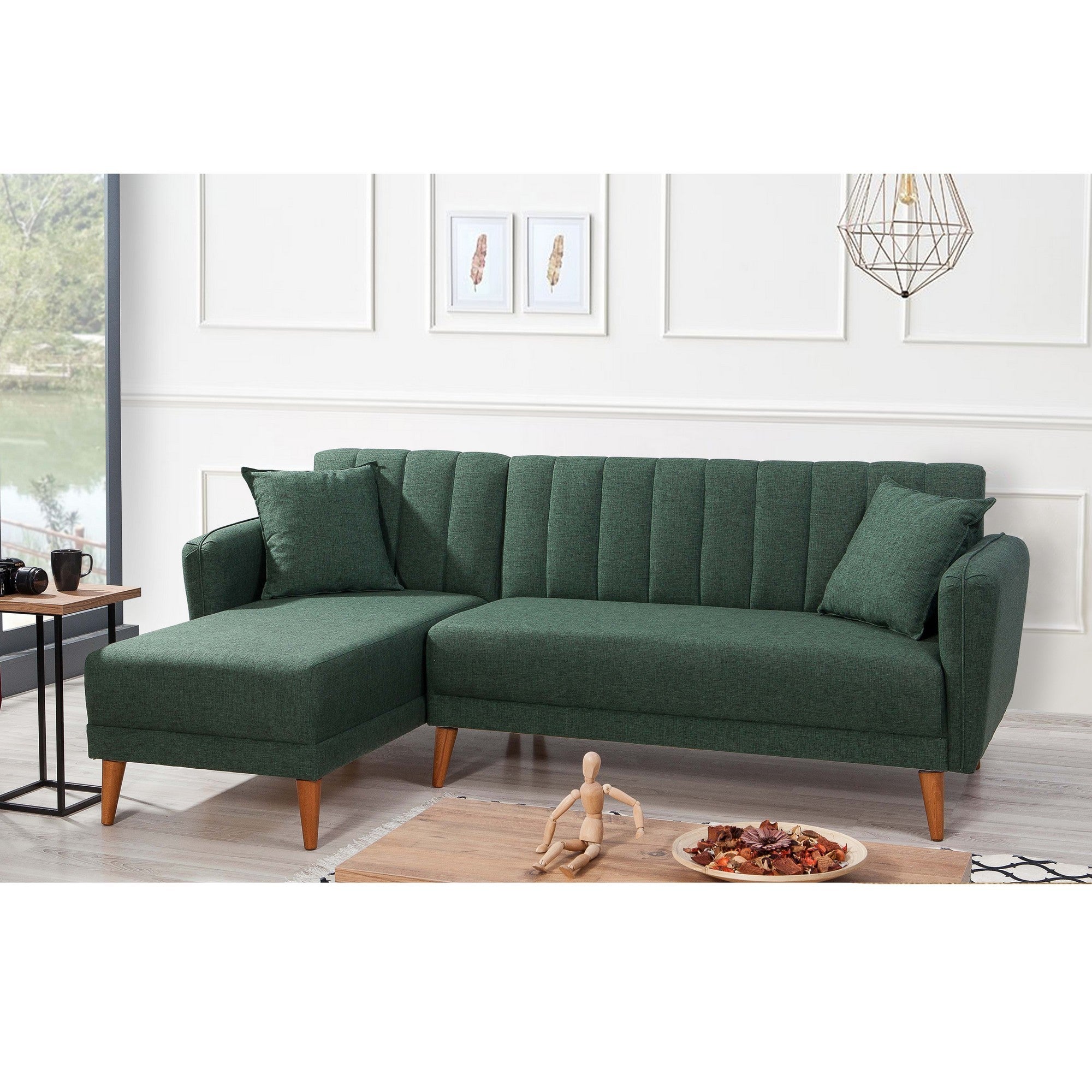 Sofá-cama de canto elegante, verde-escuro, 225 x 150 x 85 cm | Estrutura de madeira e metal HORNBEAM, 100% linho, espuma 28 DNS | Perfeito para espaços modernos
