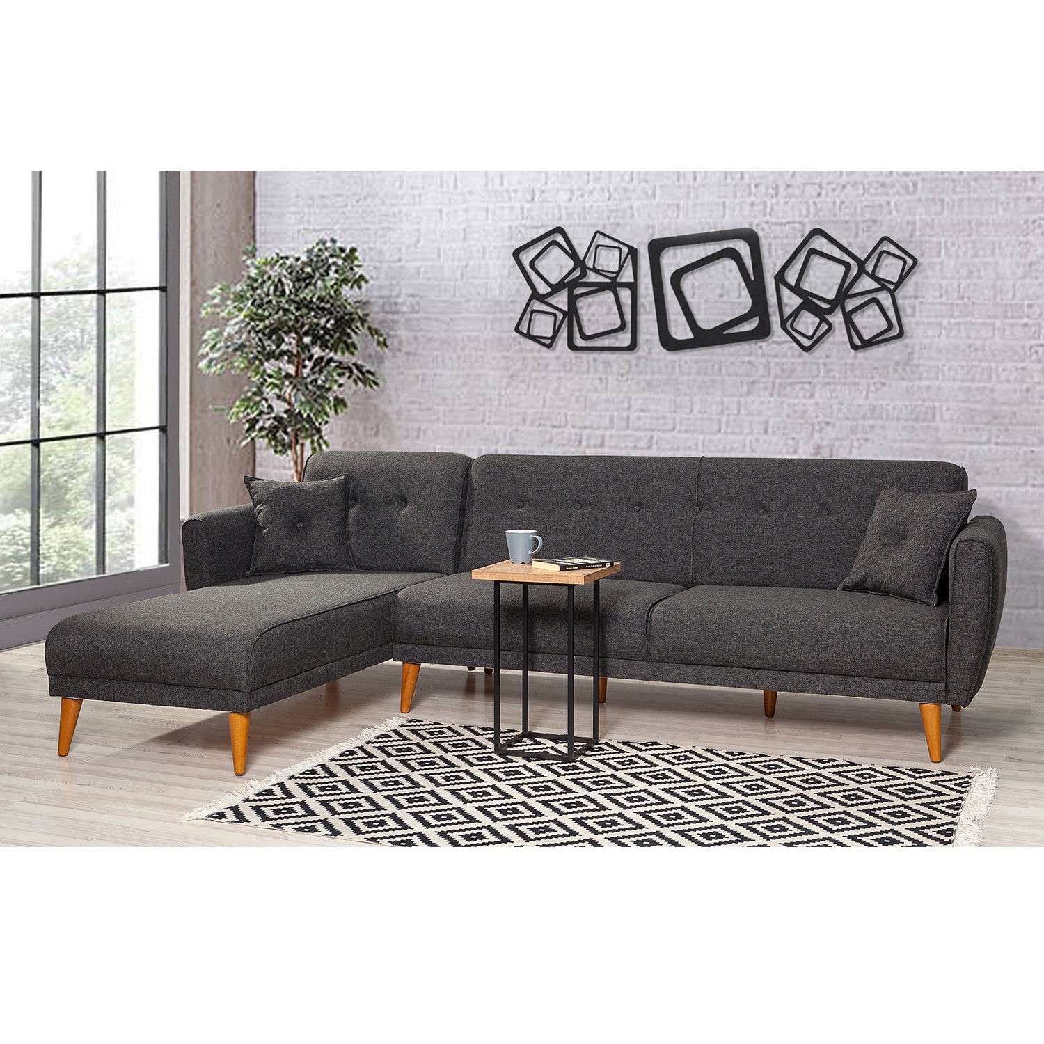 Sofá-cama de canto moderno, antracite, 277 x 175 x 86 cm | Estrutura de madeira HORNBEAM, 100% linho, espuma 28 DNS | Design versátil para espaços de estar elegantes