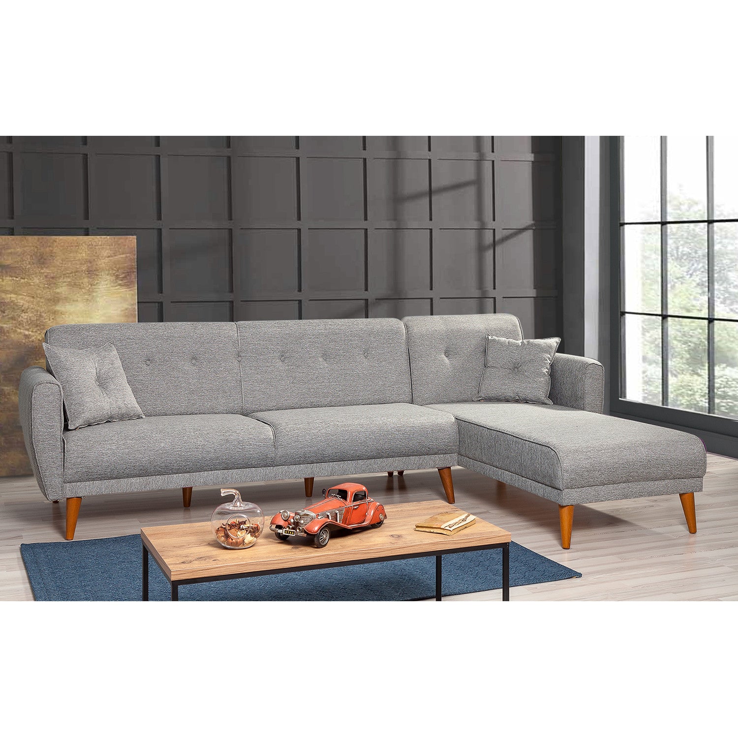 Sofá-cama de canto moderno, linho cinza, 277 x 175 x 86 cm | Estrutura de madeira HORNBEAM, espuma 28 DNS, design versátil para uso à esquerda/direita | Conforto escandinavo elegante