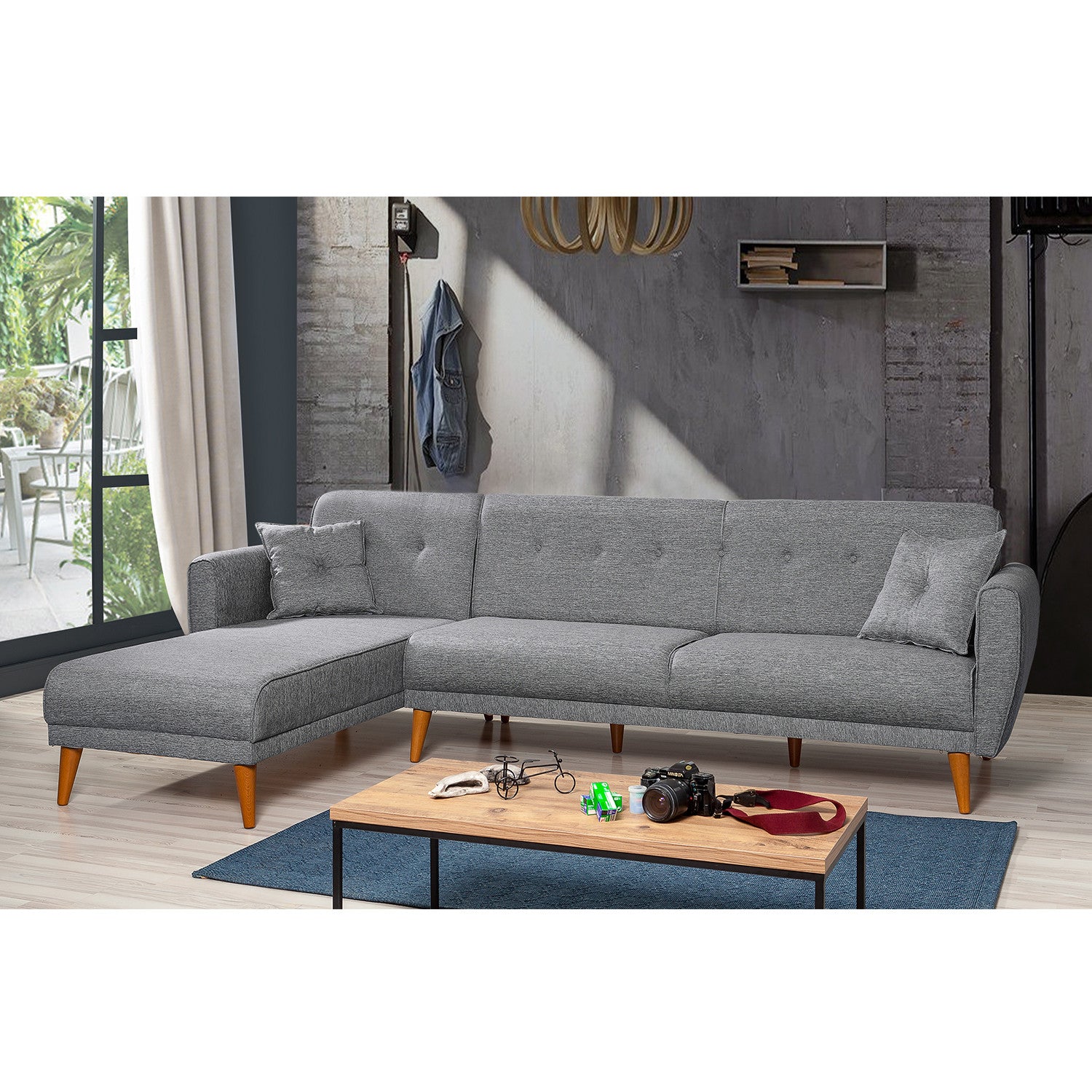 Sofá-cama de canto moderno, cinza escuro, 277 x 175 x 86 cm | Estrutura em madeira HORNBEAM, 100% linho, espuma 28 DNS | Design versátil para espaços de estar elegantes