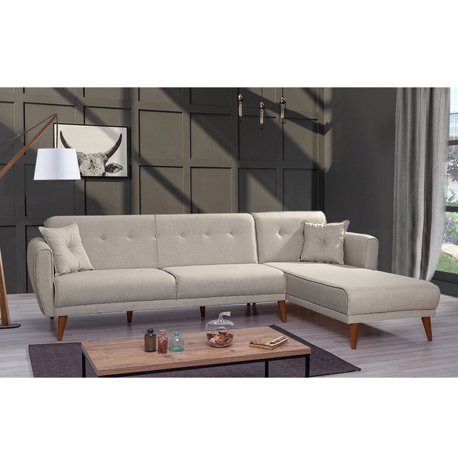 Sofá-cama de canto moderno, linho creme, 277 x 175 x 86 cm | Estrutura de madeira HORNBEAM, espuma 28 DNS, design versátil para uso à esquerda/direita | Estilo escandinavo