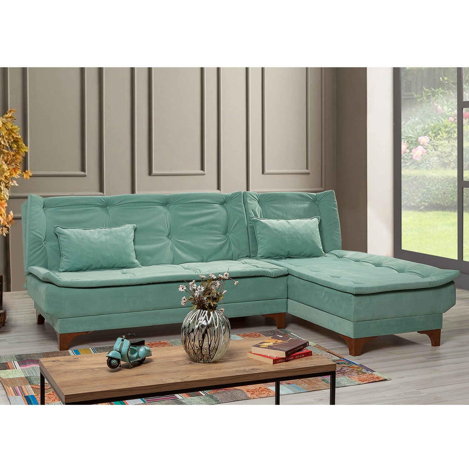 Sofá-cama de canto elegante, verde-mar, 225 x 160 x 86 cm | Estrutura em madeira de pinho, tecido 100% Soho, espuma 28 DNS | Perfeito para espaços modernos