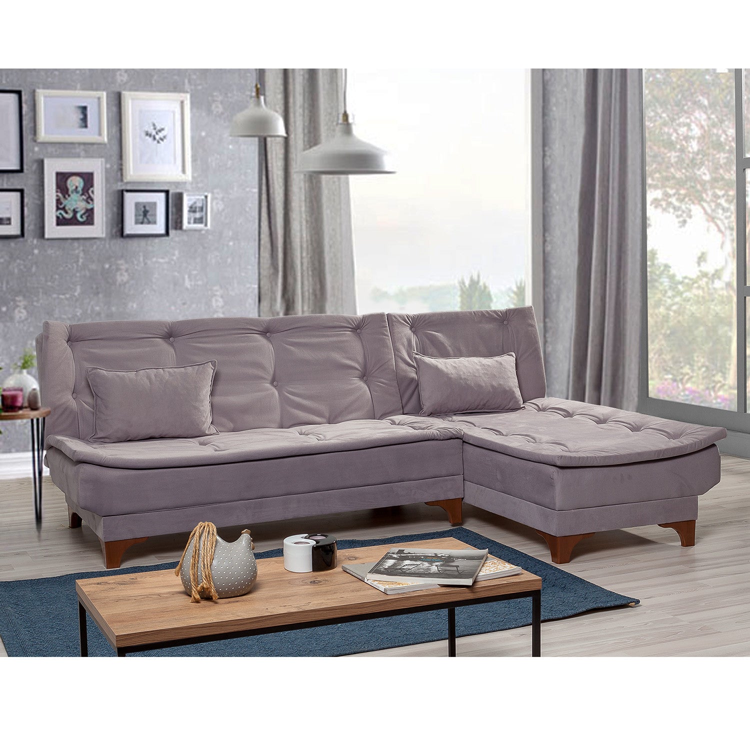 Sofá-cama de canto elegante, cinza, 225 x 160 x 86 cm | Estrutura em madeira de pinho, tecido 100% Soho, espuma 28 DNS | Perfeito para salas de estar modernas e quartos de hóspedes