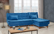 Sofá-cama de canto elegante, azul-escuro, 225 x 160 x 86 cm | Estrutura em madeira de pinho, tecido 100% Soho, espuma 28 DNS | Perfeito para salas de estar modernas e quartos de hóspedes
