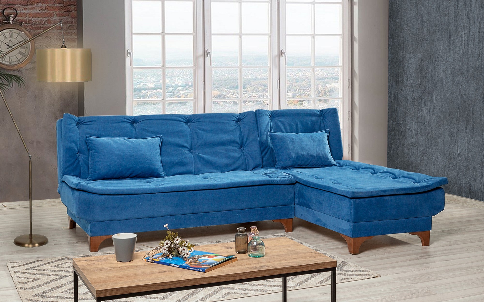 Sofá-cama de canto elegante, azul-escuro, 225 x 160 x 86 cm | Estrutura em madeira de pinho, tecido 100% Soho, espuma 28 DNS | Perfeito para salas de estar modernas e quartos de hóspedes