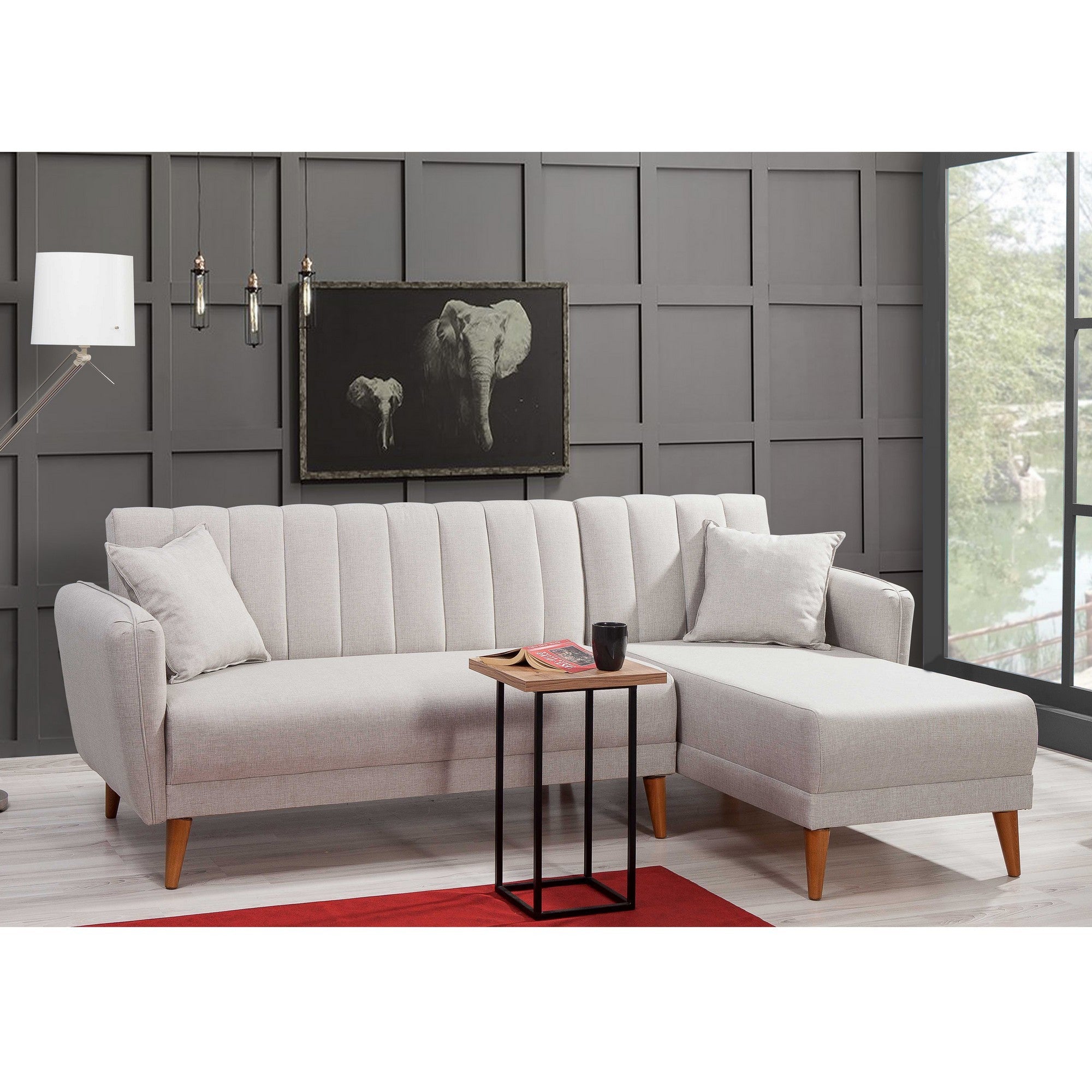 Sofá-cama de canto moderno, linho creme, 225 x 150 x 85 cm | Estrutura em madeira de carpa e metal, espuma 28 DNS | Design escandinavo elegante para conforto e elegância