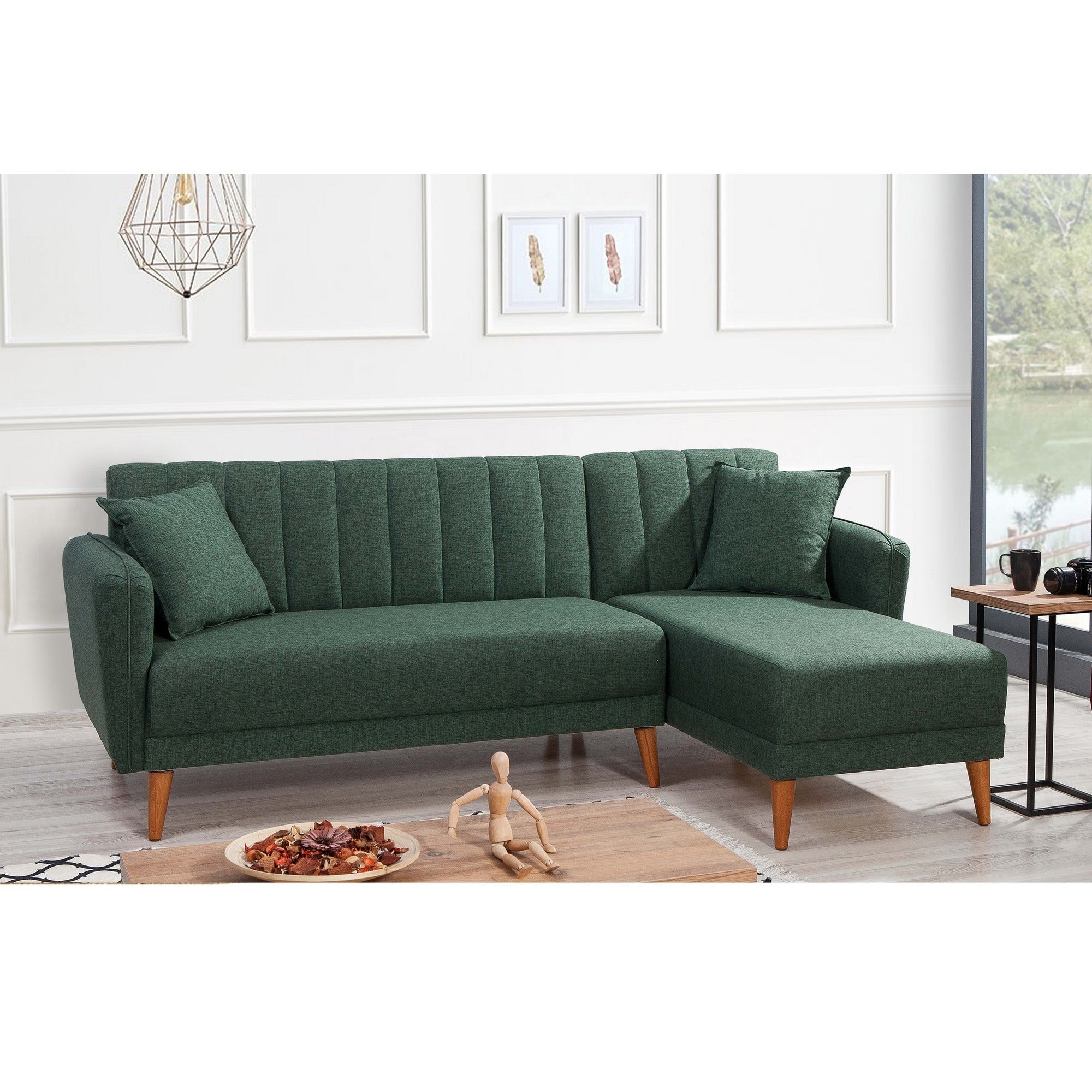 Sofá-cama de canto elegante, verde-escuro, 225 x 150 x 85 cm | Estrutura de madeira e metal HORNBEAM, 100% linho, espuma 28 DNS | Perfeito para espaços modernos