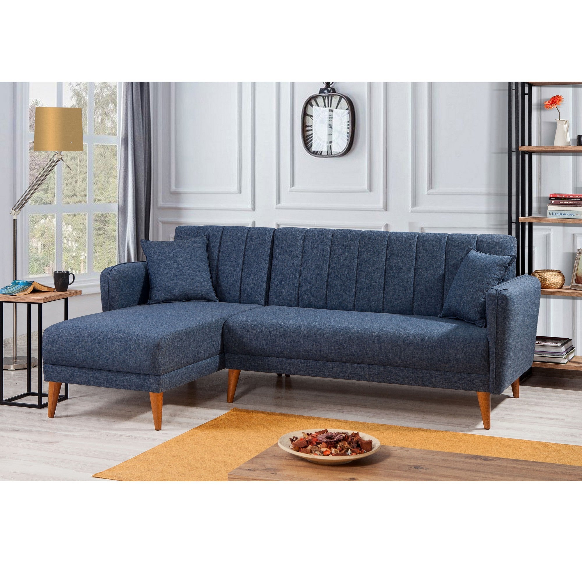 Sofá-cama de canto moderno, azul-escuro, 225 x 150 x 85 cm | Estrutura de madeira e metal HORNBEAM, 100% linho, espuma 28 DNS | Design escandinavo elegante para conforto