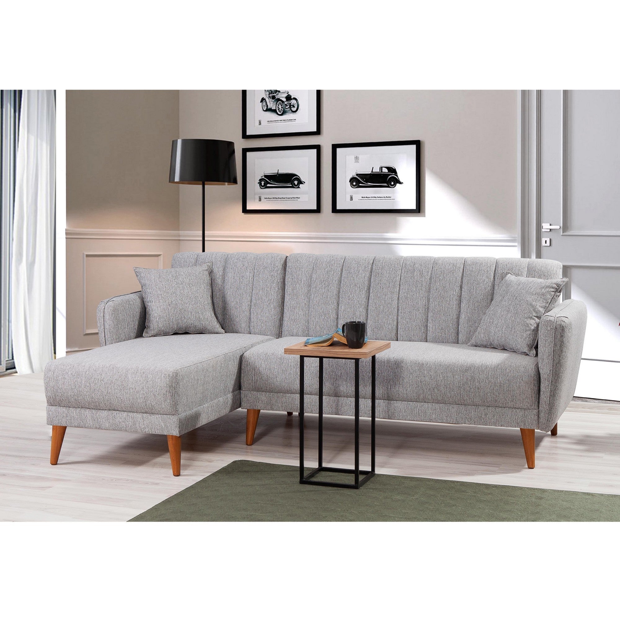 Sofá-cama de canto moderno, linho cinza, 225 x 150 x 85 cm | Estrutura de madeira e metal de carpa, espuma 28 DNS | Elegante e funcional para qualquer espaço