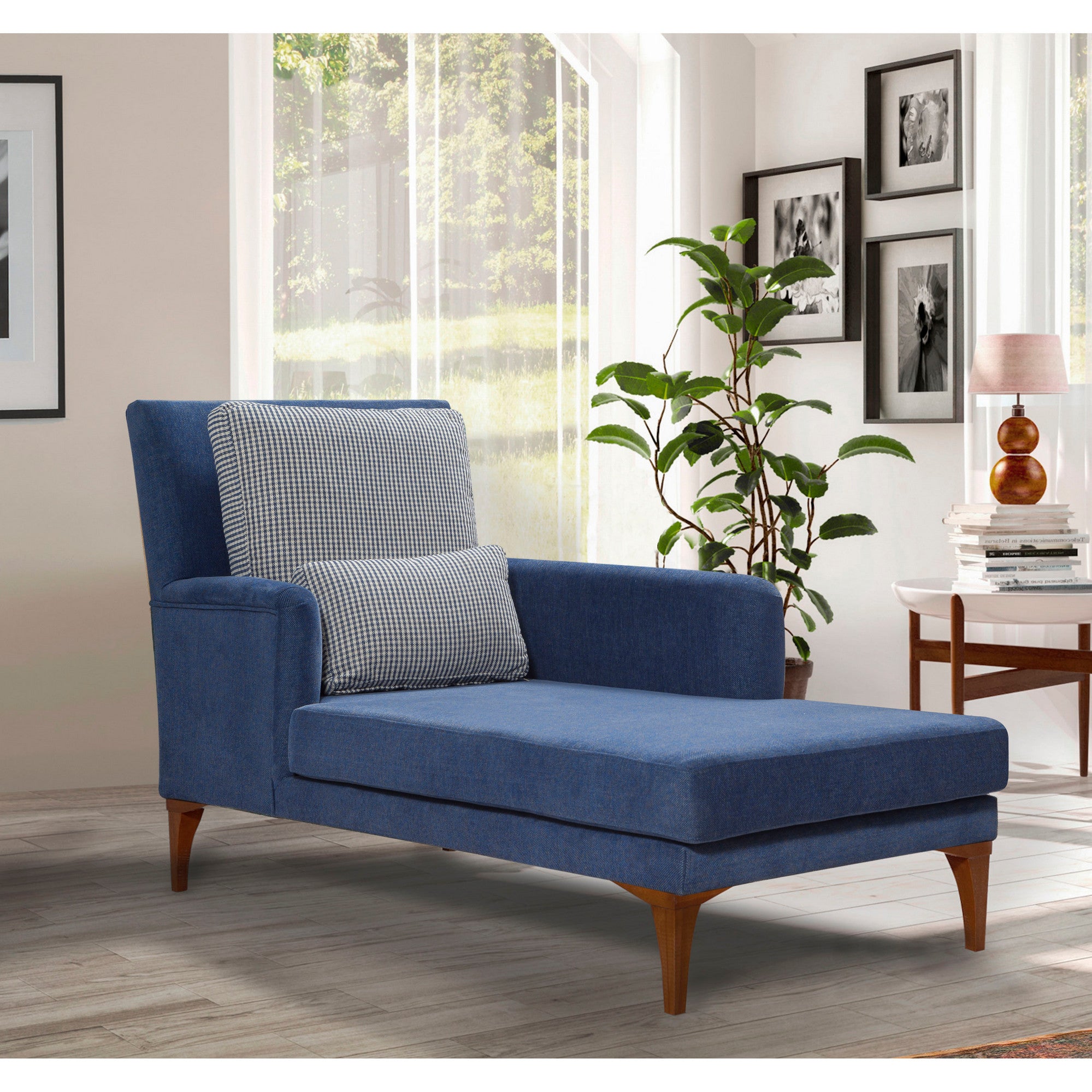 Cama de dia escandinava, malha azul, estrutura de madeira de faia, 79 x 100 x 167 cm | Espuma 28 DNS, pernas de madeira (20 cm) | Elegante e funcional para espaços modernos
