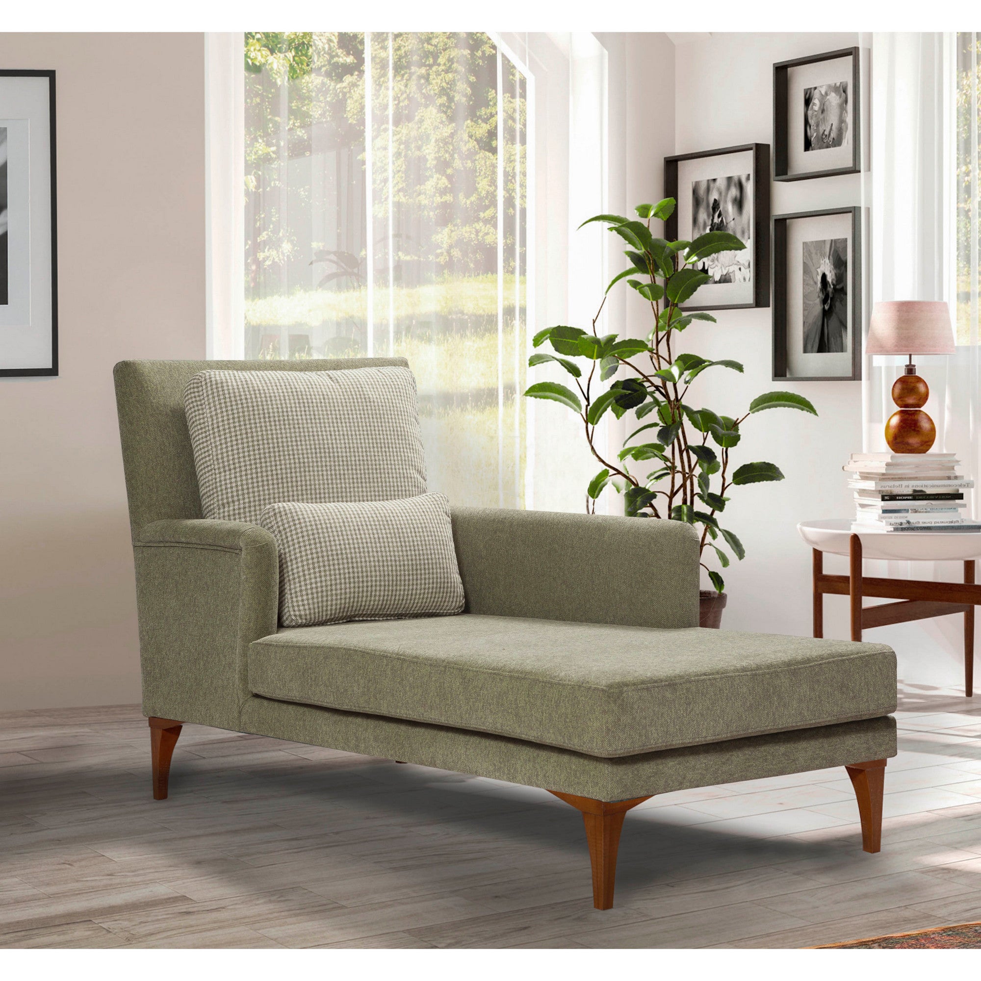 Cama de dia escandinava, malha verde, estrutura de madeira de faia, 79 x 100 x 167 cm | Espuma 28 DNS, pernas de madeira (20 cm) | Elegante e funcional para espaços modernos