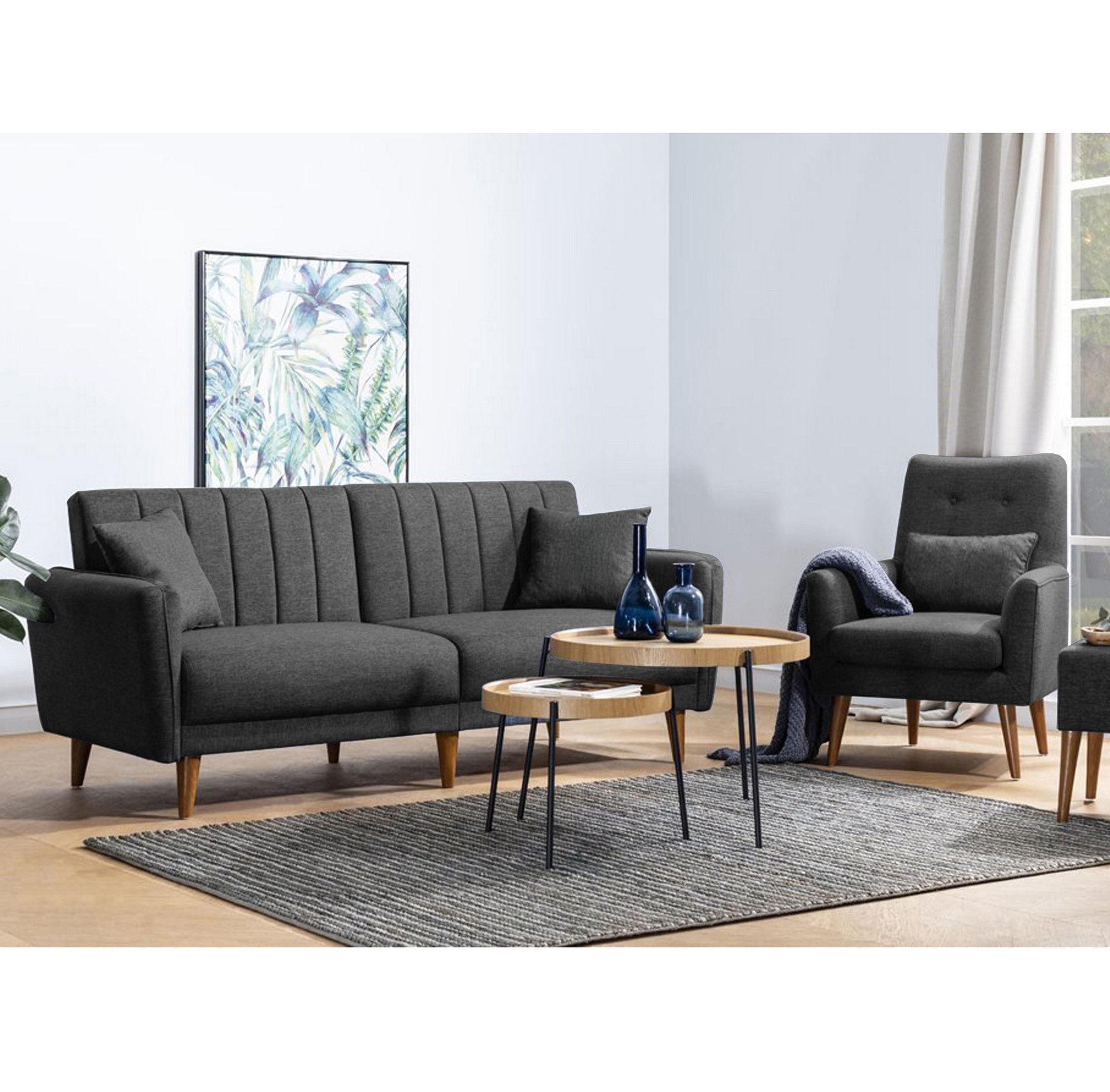 Conjunto elegante de sofá-cama com poltrona, antracite, estrutura de madeira de carpa, 100% linho, pernas de madeira maciça | Perfeito para espaços modernos, elegante e funcional