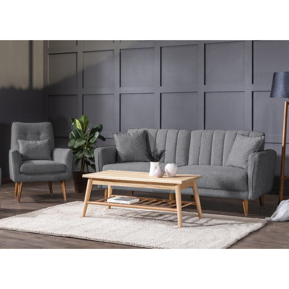 Conjunto de sofá-cama moderno com poltrona, cinza escuro, estrutura de madeira de carpa, 100% linho, pernas de madeira maciça | Elegante e funcional para casa e escritório