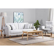 Conjunto de sofá-cama moderno em creme com poltrona, estrutura de madeira de carpa, 100% linho, pernas de madeira maciça | Elegante e funcional para espaços de convivência, 202 cm