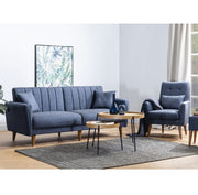 Conjunto de sofá-cama moderno com poltrona, linho azul escuro, estrutura de madeira de carpa, espuma DNS 28, elegante e funcional para sala de estar e espaços de hóspedes