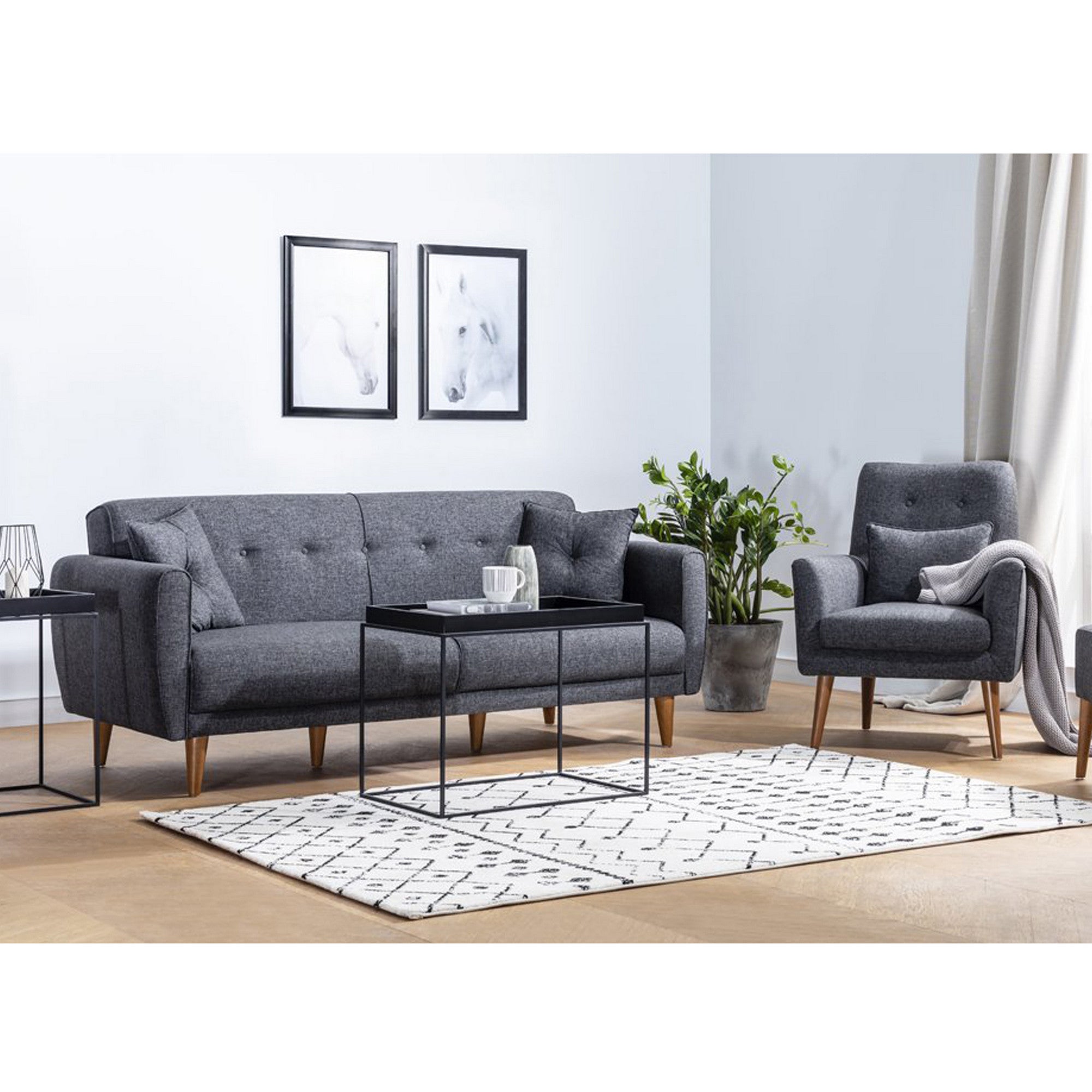 Conjunto de sofá-cama moderno com poltrona, antracite, estrutura de madeira de carpa, 100% linho, pernas de madeira maciça | Elegante e funcional para qualquer ambiente