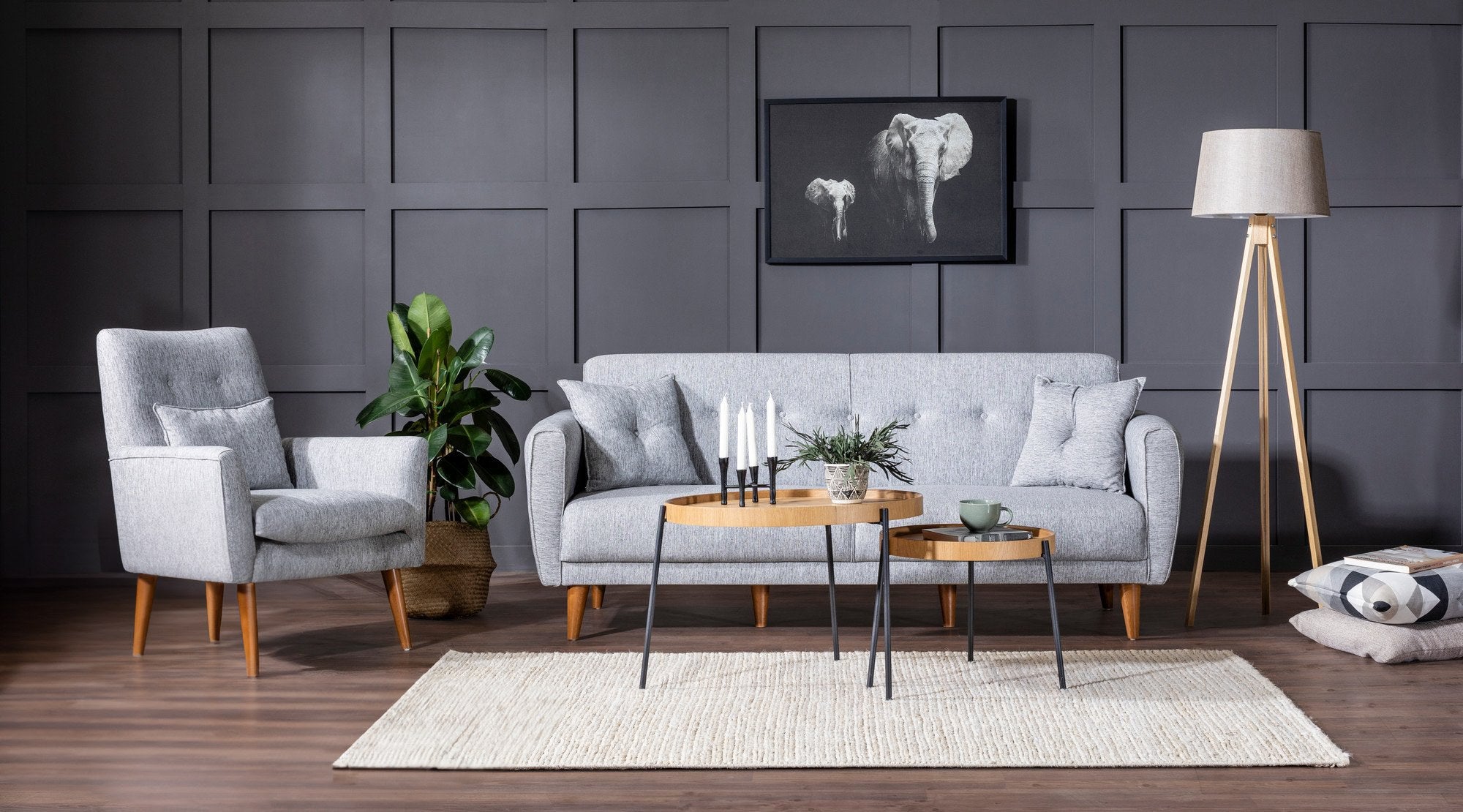 Conjunto de sofá-cama cinza moderno com poltrona, estrutura de madeira de carpa, 100% linho, pernas de madeira maciça | Elegante e funcional para qualquer ambiente