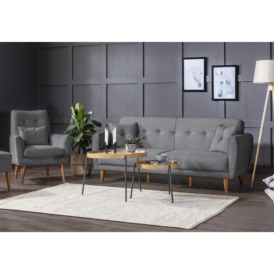 Conjunto de sofá-cama moderno com poltrona, cinza escuro, estrutura de madeira de carpa, 100% linho, pernas de madeira maciça | Elegante e funcional para qualquer ambiente