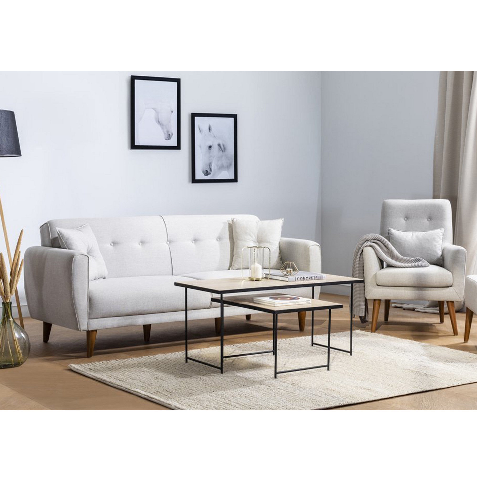 Conjunto de sofá-cama moderno em tom creme com poltrona, estrutura de madeira de carpa, 100% linho, pernas de madeira maciça | Elegante e funcional para qualquer ambiente
