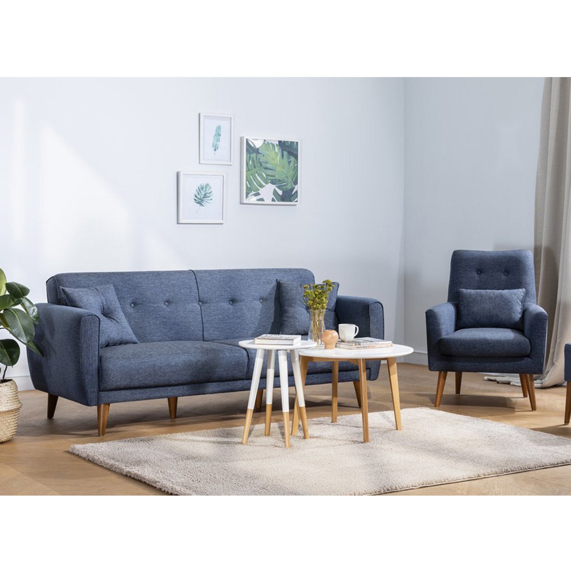 Conjunto de sofá-cama moderno com poltrona, linho azul-escuro e estrutura de madeira de carpa | Sofá de 205 cm e cama de 180 cm | Design escandinavo elegante para casa